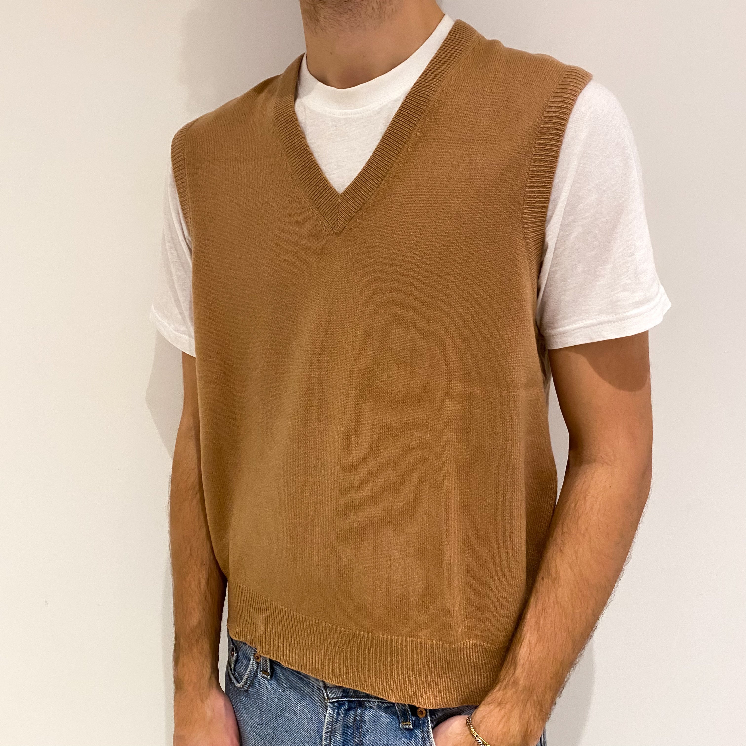 Men's Camel Brown Cashmere V Neck Tank Top Large