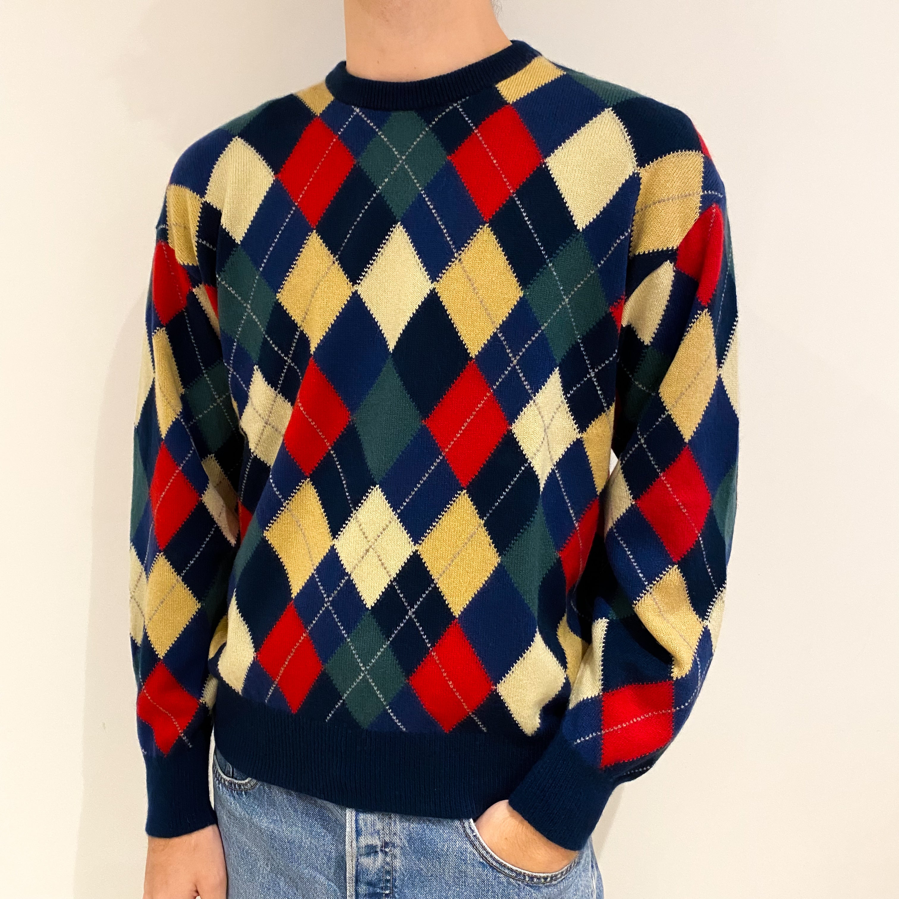 Men's Colourful Harlequin Cashmere Crew Neck Jumper Large