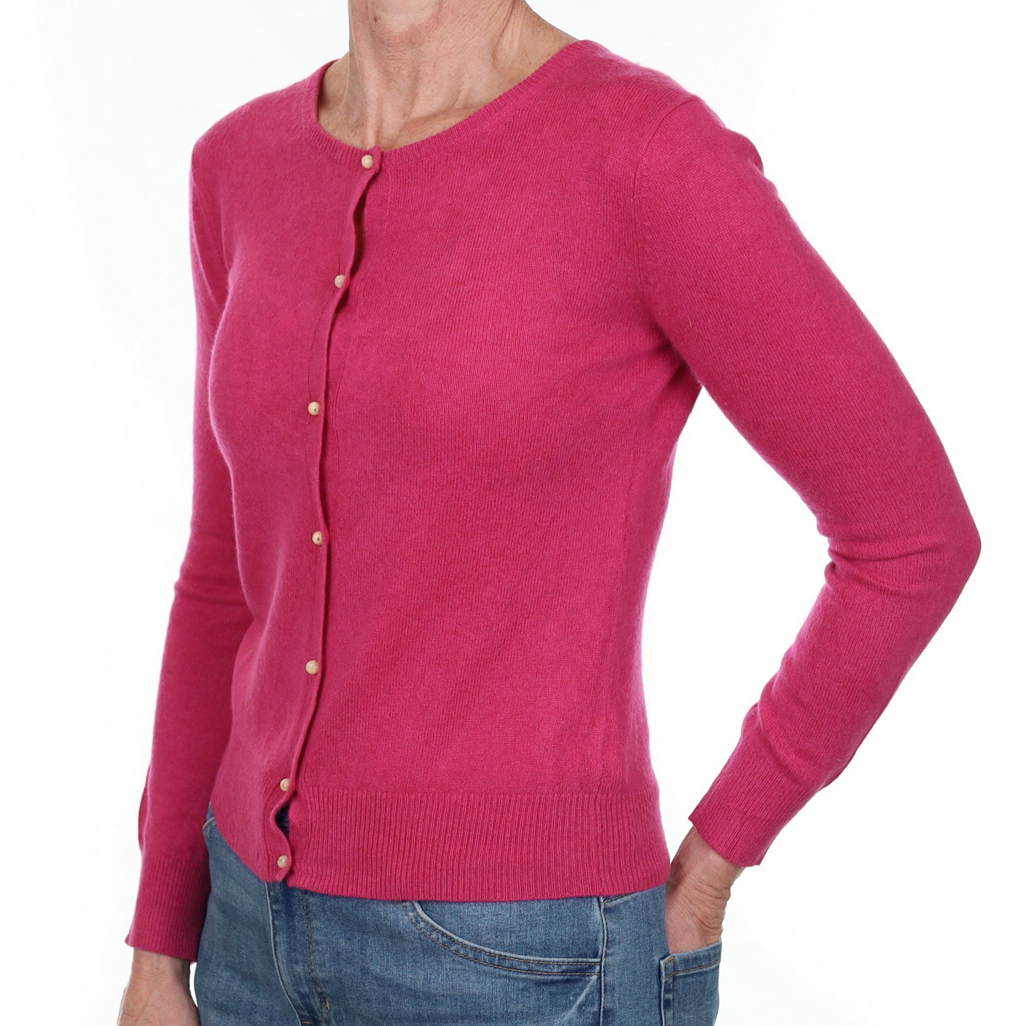 Raspberry Pink Cashmere Crew Neck Cardigan Small