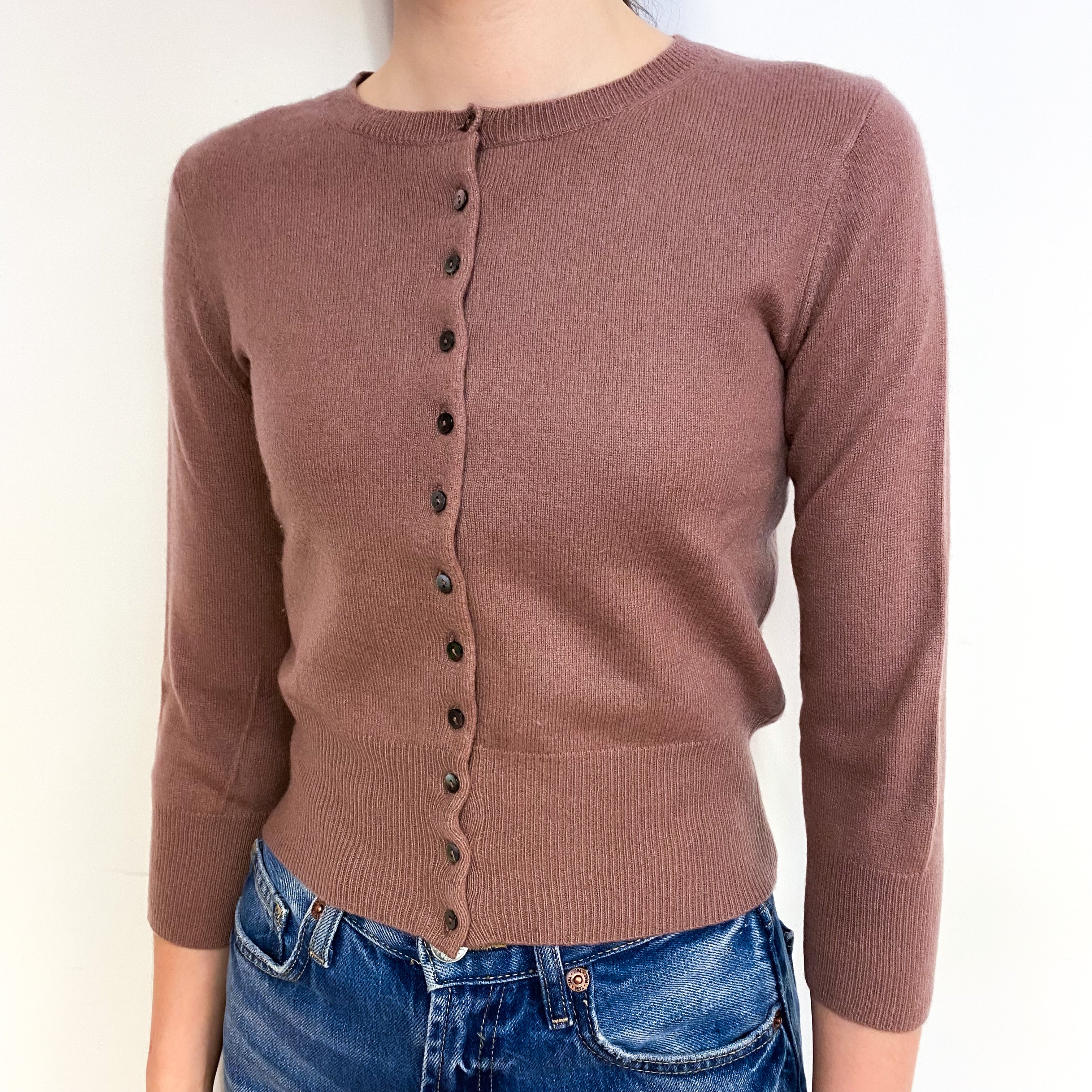 Blush Brown Cropped Cashmere Crew Neck Cardigan Extra Small