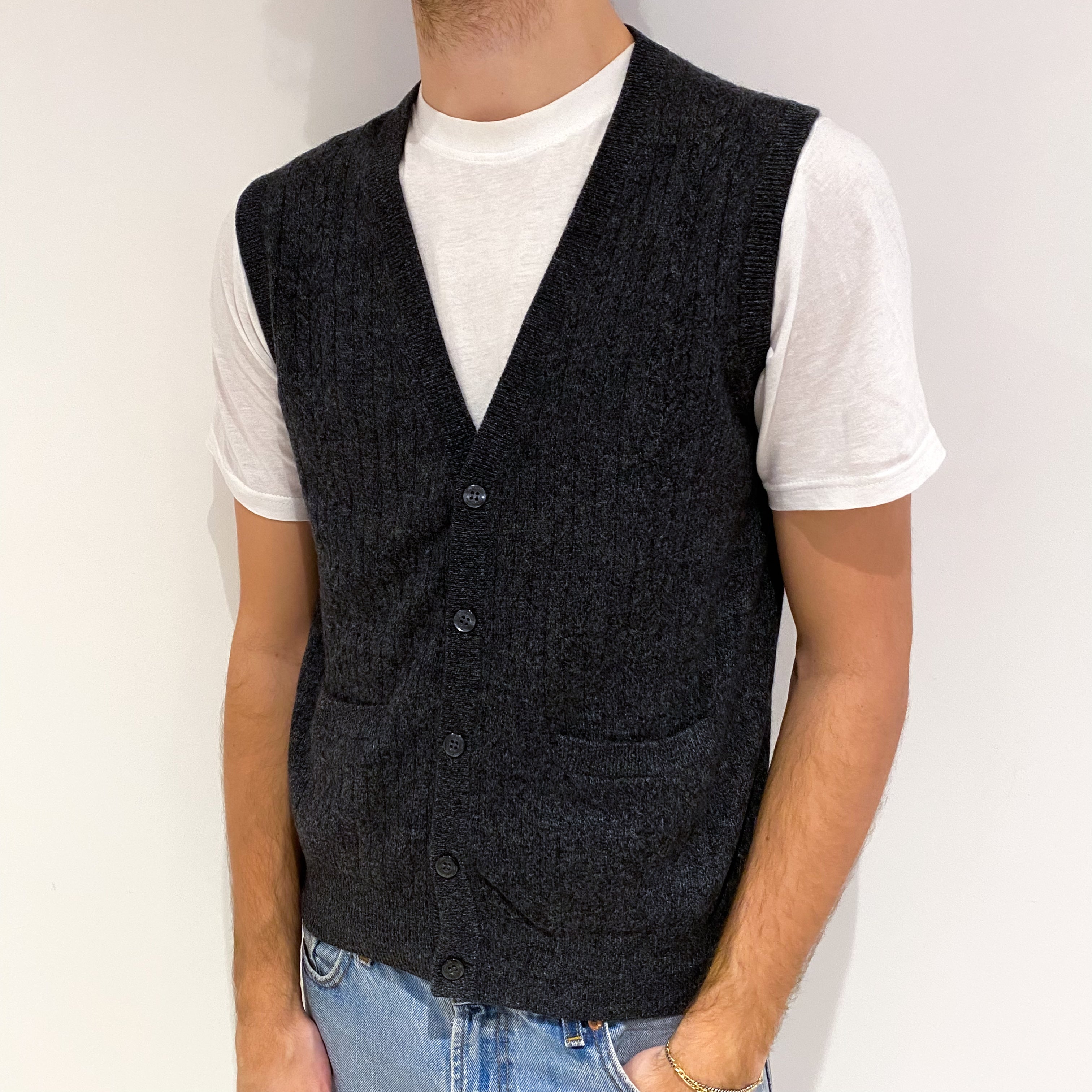 Men's Charcoal Grey Cashmere V Neck Button Up Vest Jumper Medium
