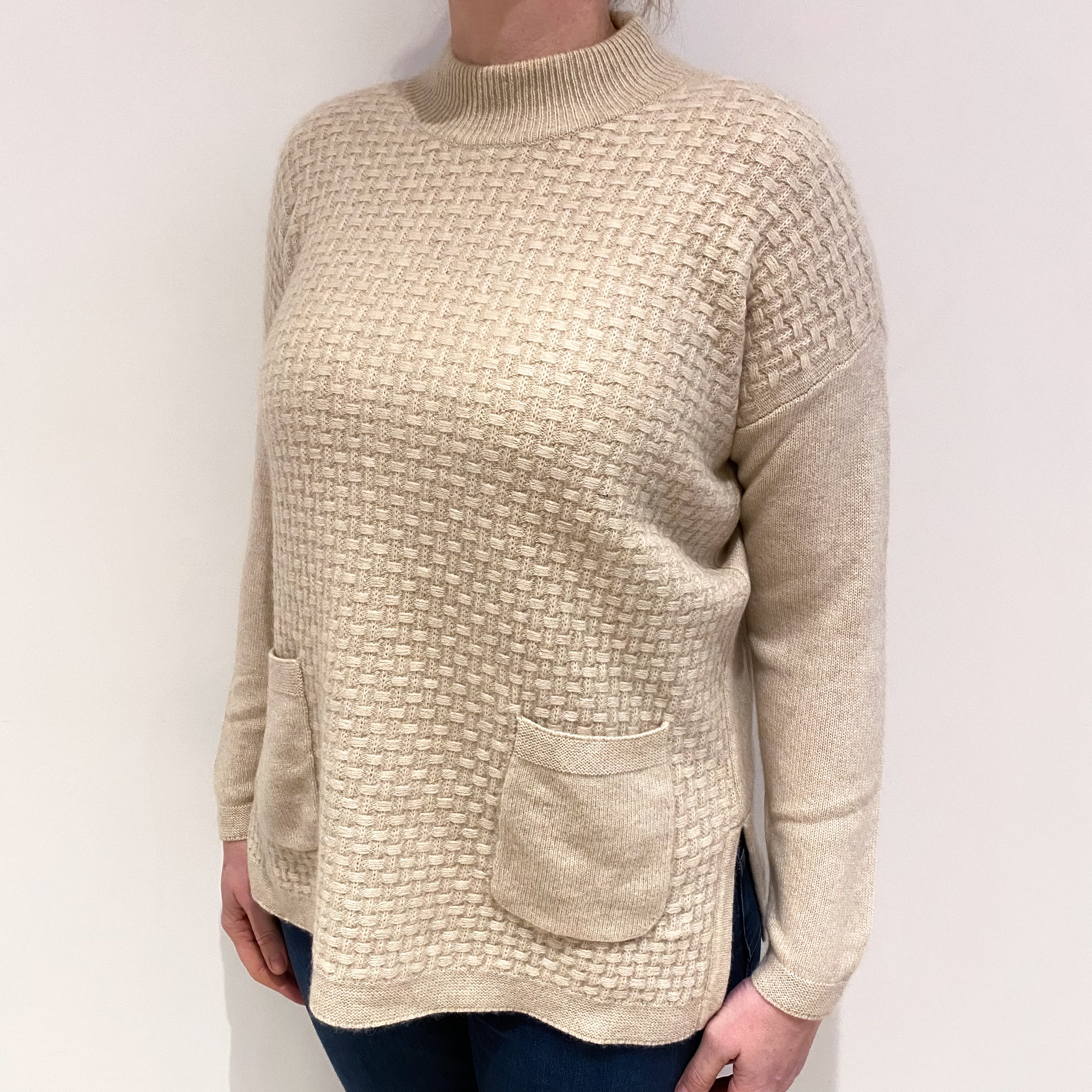 Oatmeal Beige Cashmere Turtle Neck Jumper Large