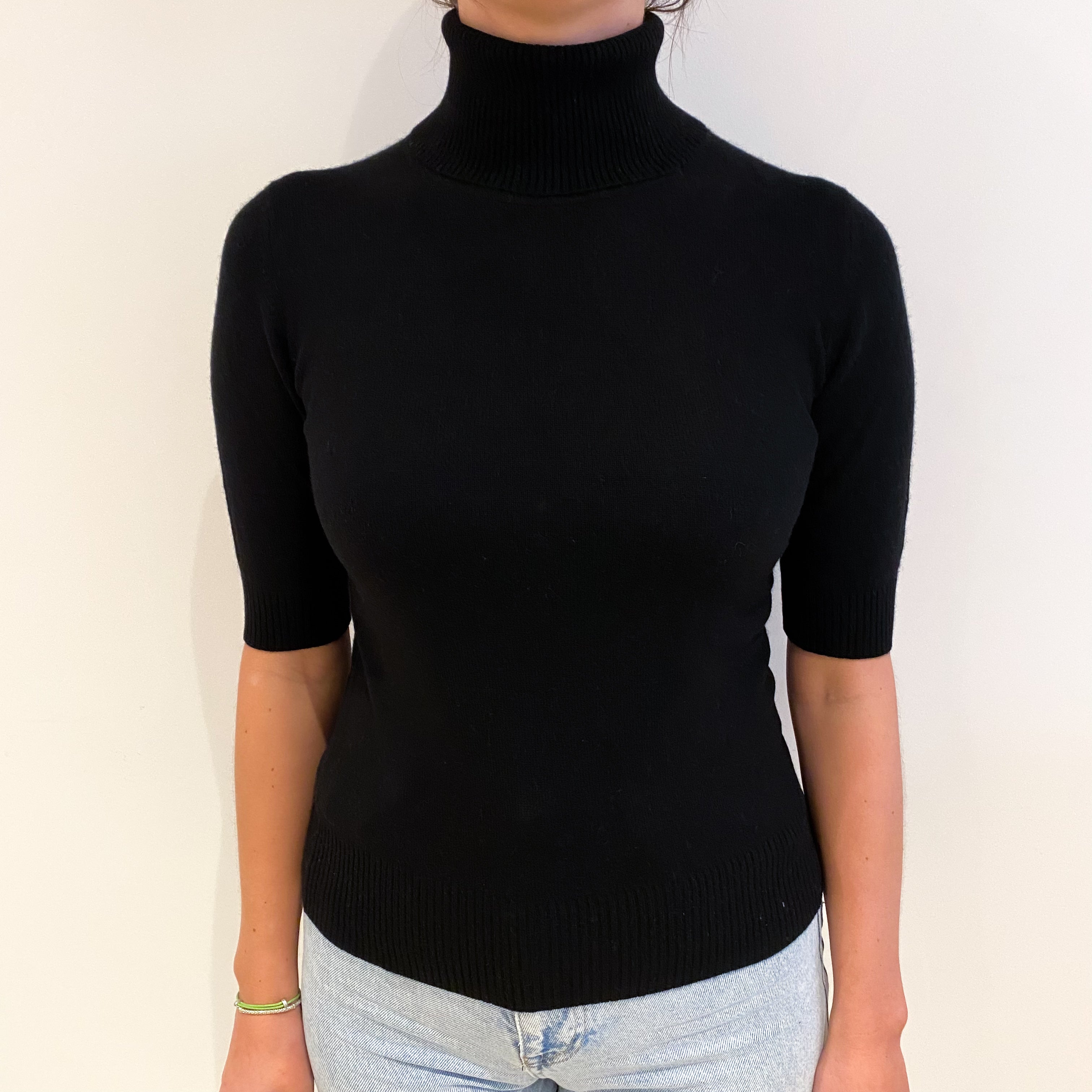 Black Cashmere Polo Neck Short Sleeved Jumper Small