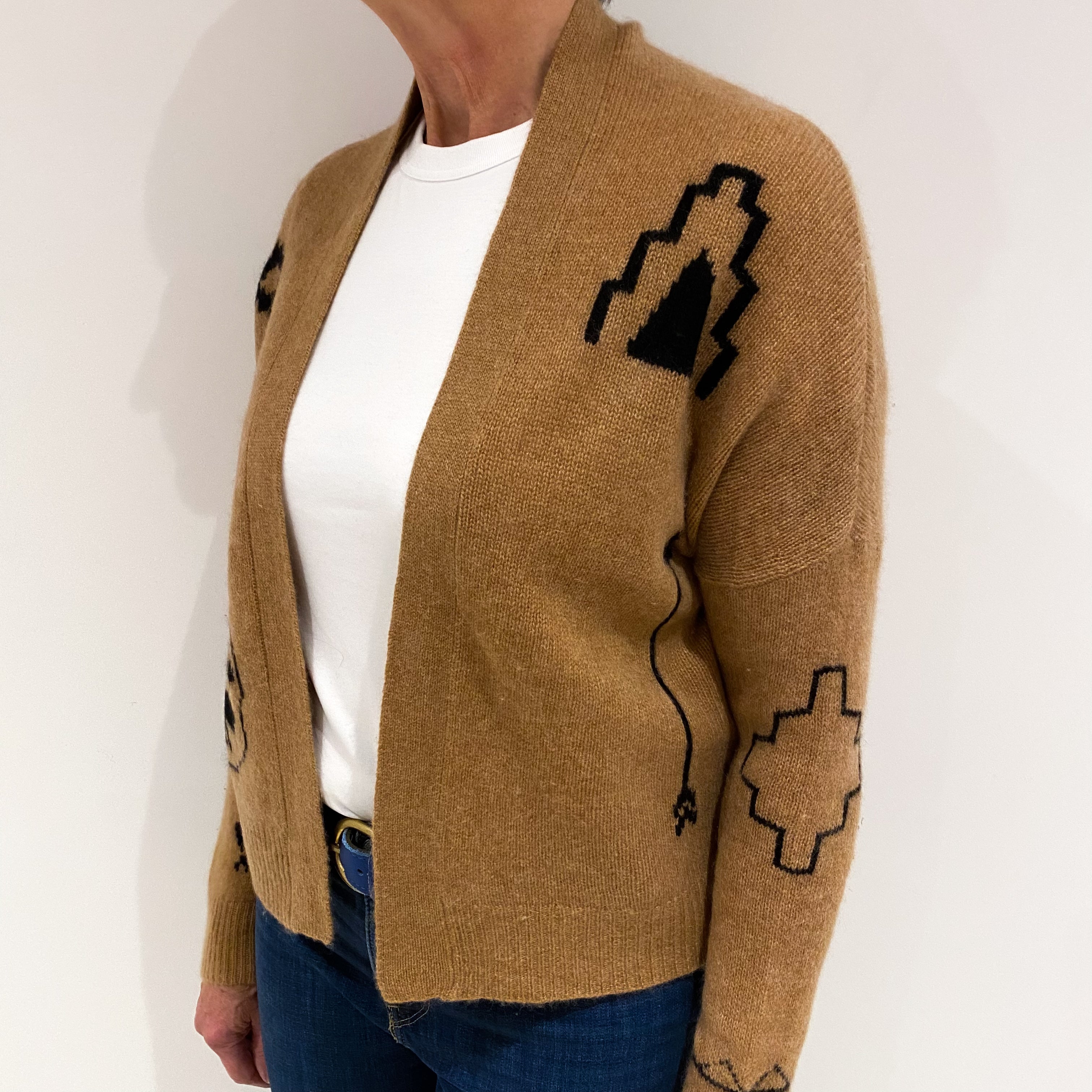 Butterscotch Brown Aztec Design Cashmere Slouchy Fit Cardigan Medium