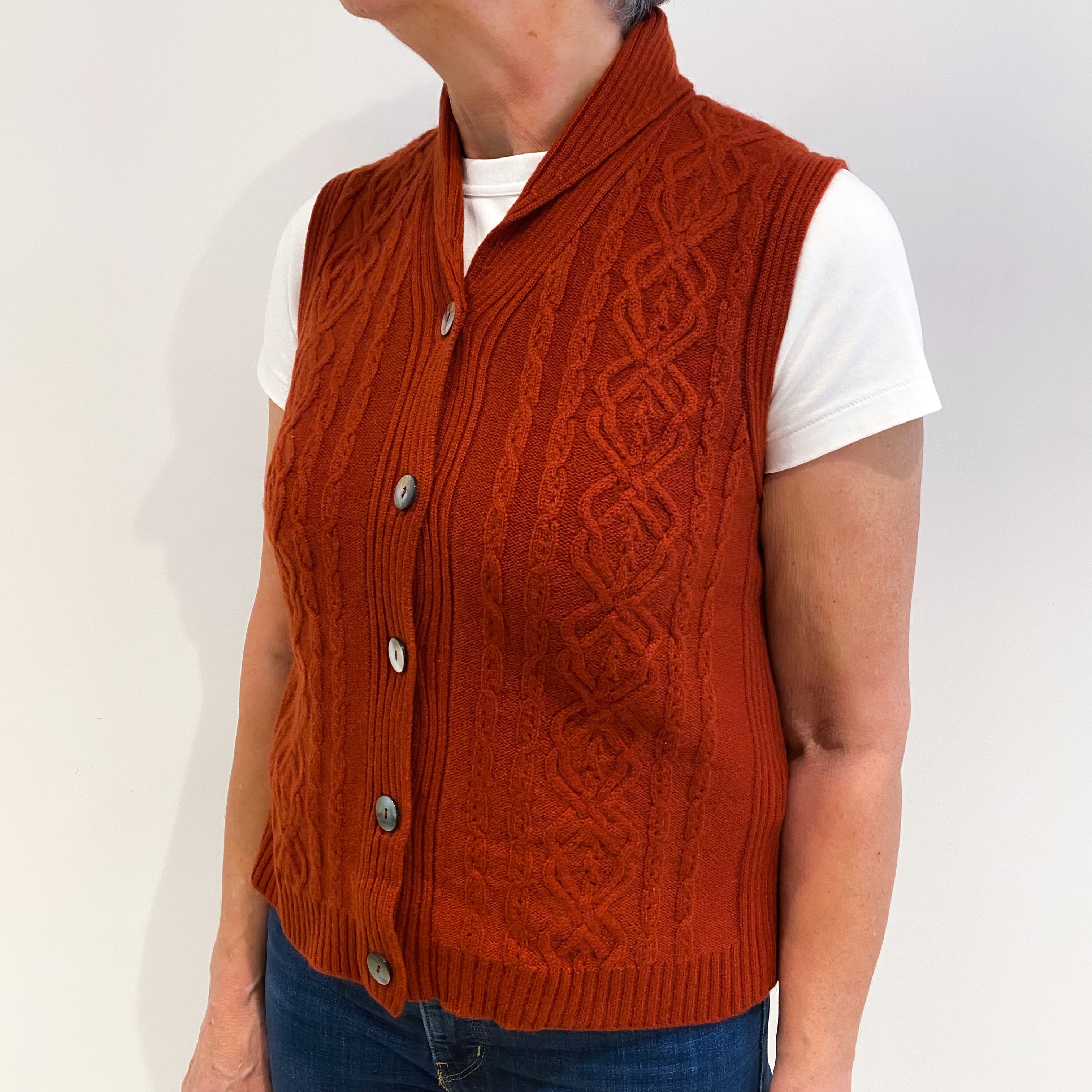 Rust Red Cashmere Shaw Collar Neck Cable Knit Gilet Medium
