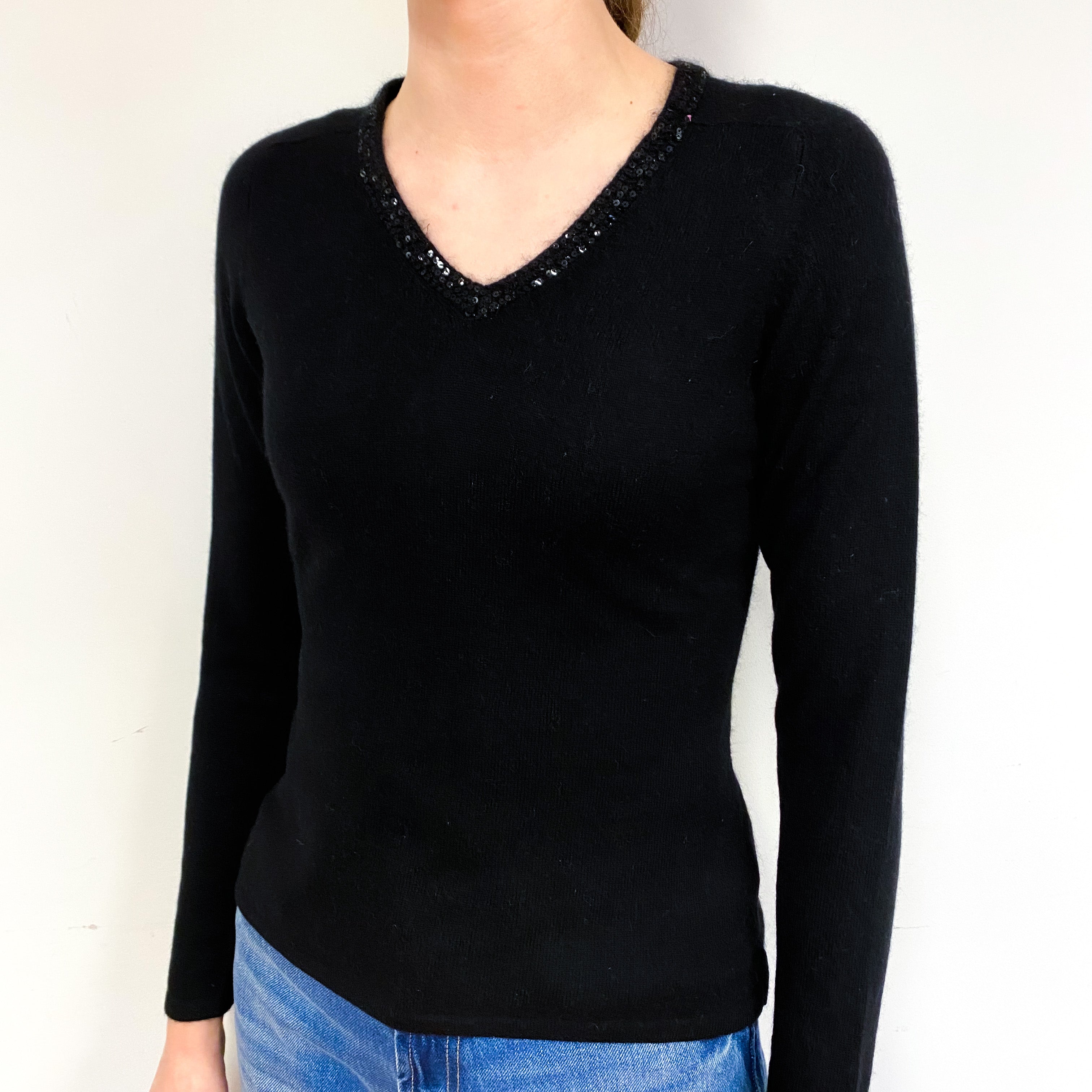 Black Sequinned Cashmere V-Neck Jumper Extra Small