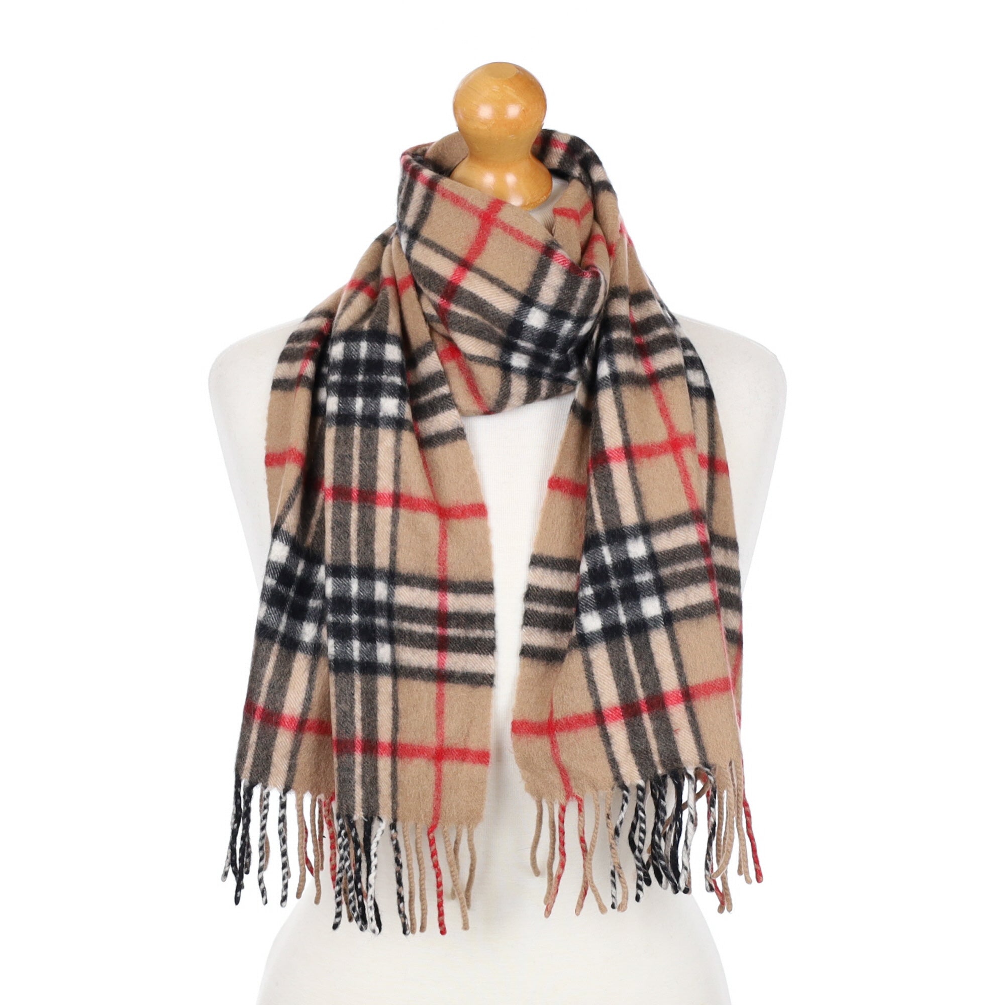Camel Checked Fringed Cashmere Woven Scarf