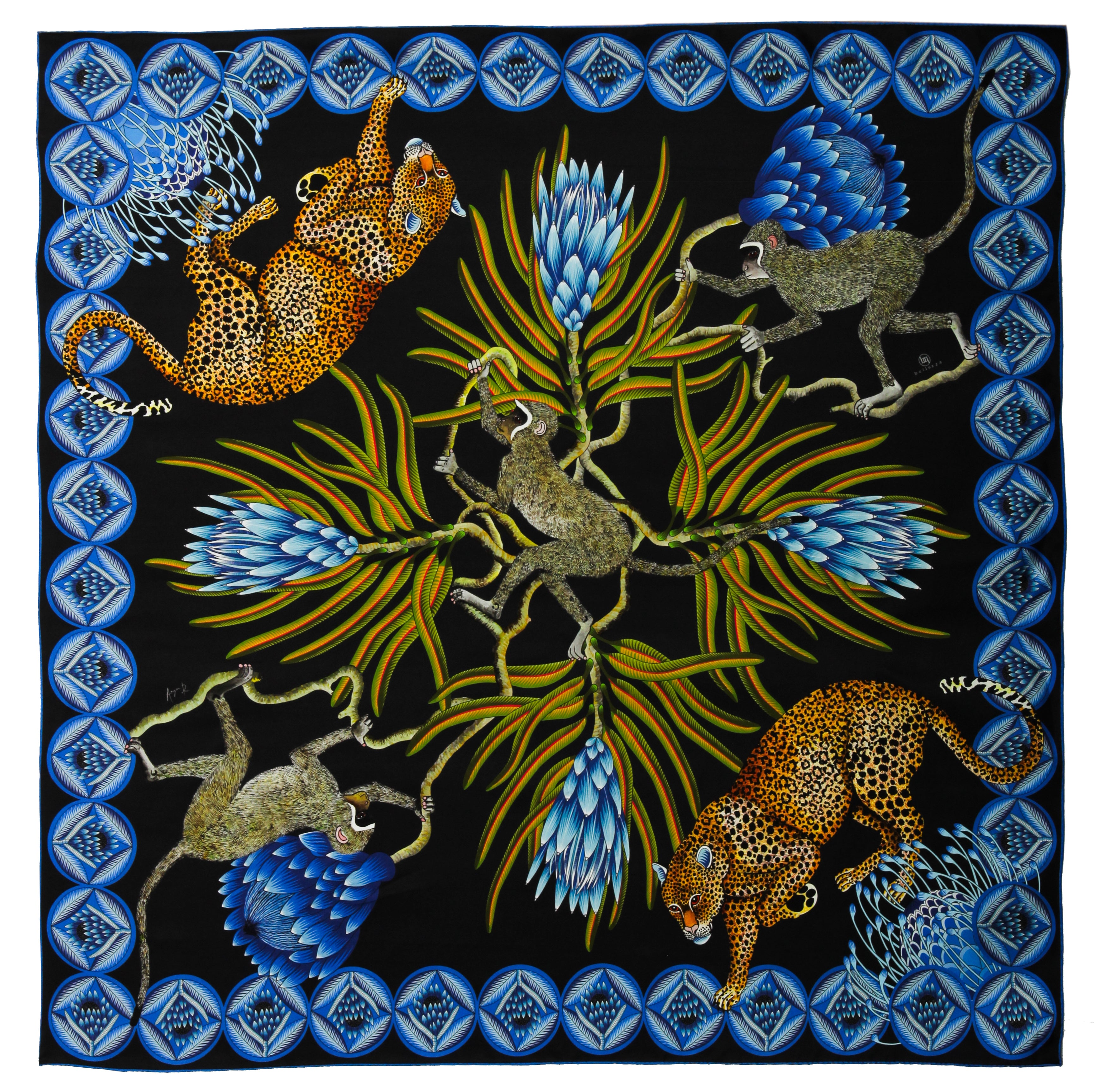 Brand New Bellezza Black & Blue Leopard Safari Double Faced Silk Scarf Extra Large