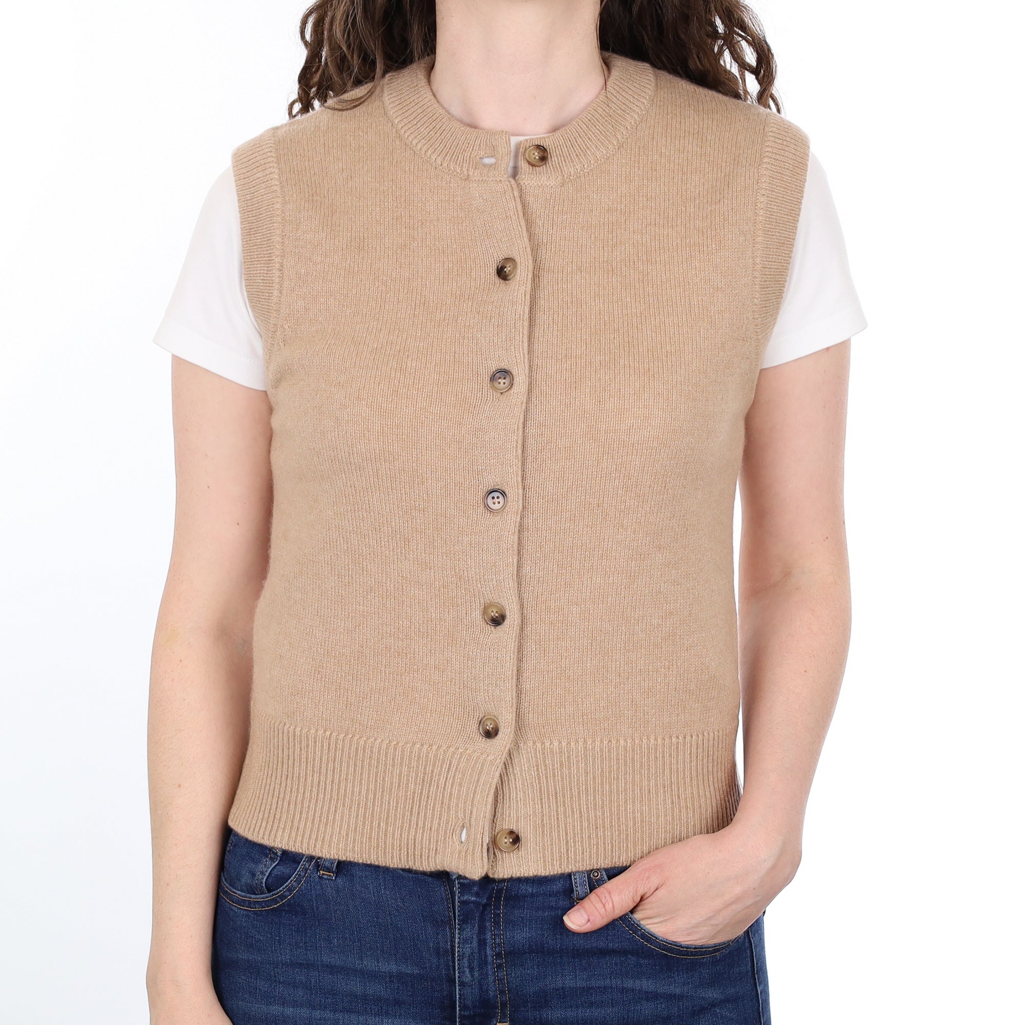 Brand New Caramel Luxury Cashmere Crew Neck Waistcoat Small UK 8-10