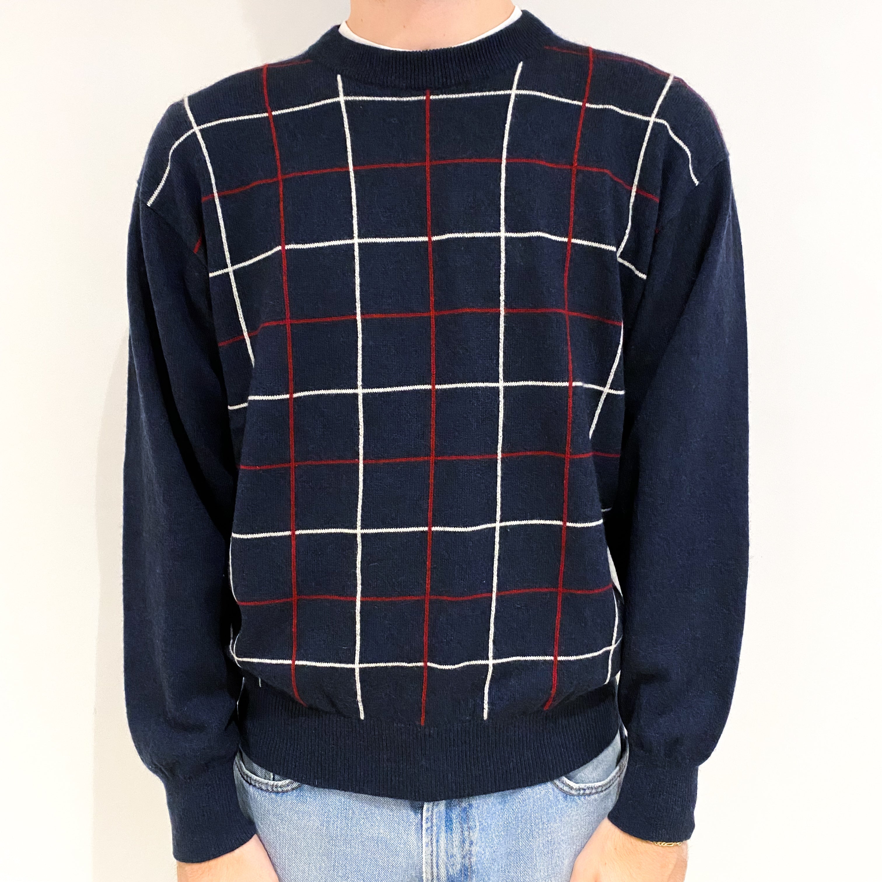 Men’s Vintage Burberry Dark Navy Cashmere With Red And White Design Turtle Neck Jumper Large