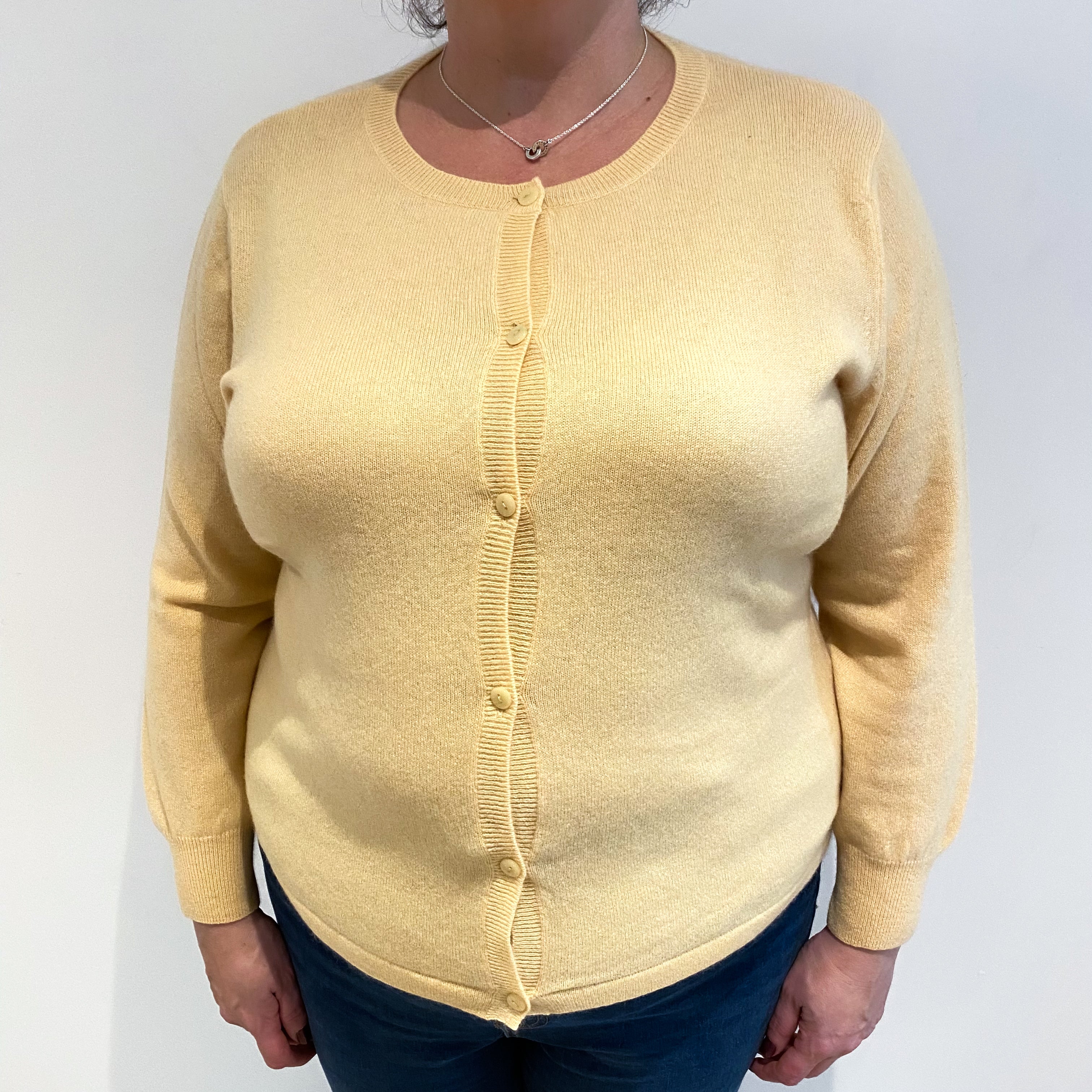 Custard Yellow Cashmere Crew Neck Cardigan Extra Large