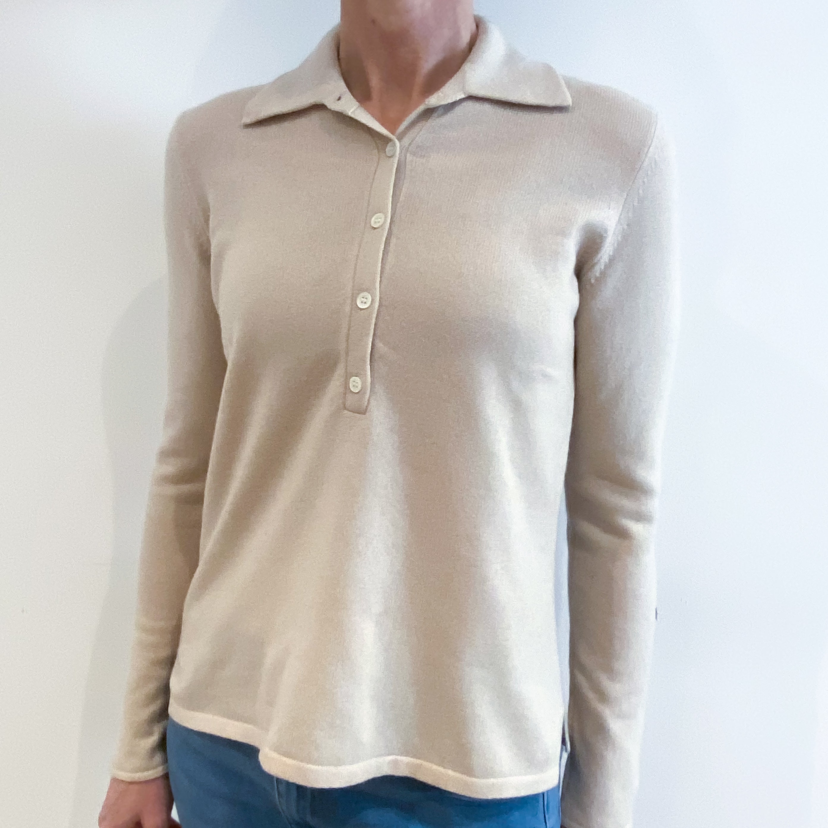 Buff Beige Cashmere Collared V Neck Jumper Small