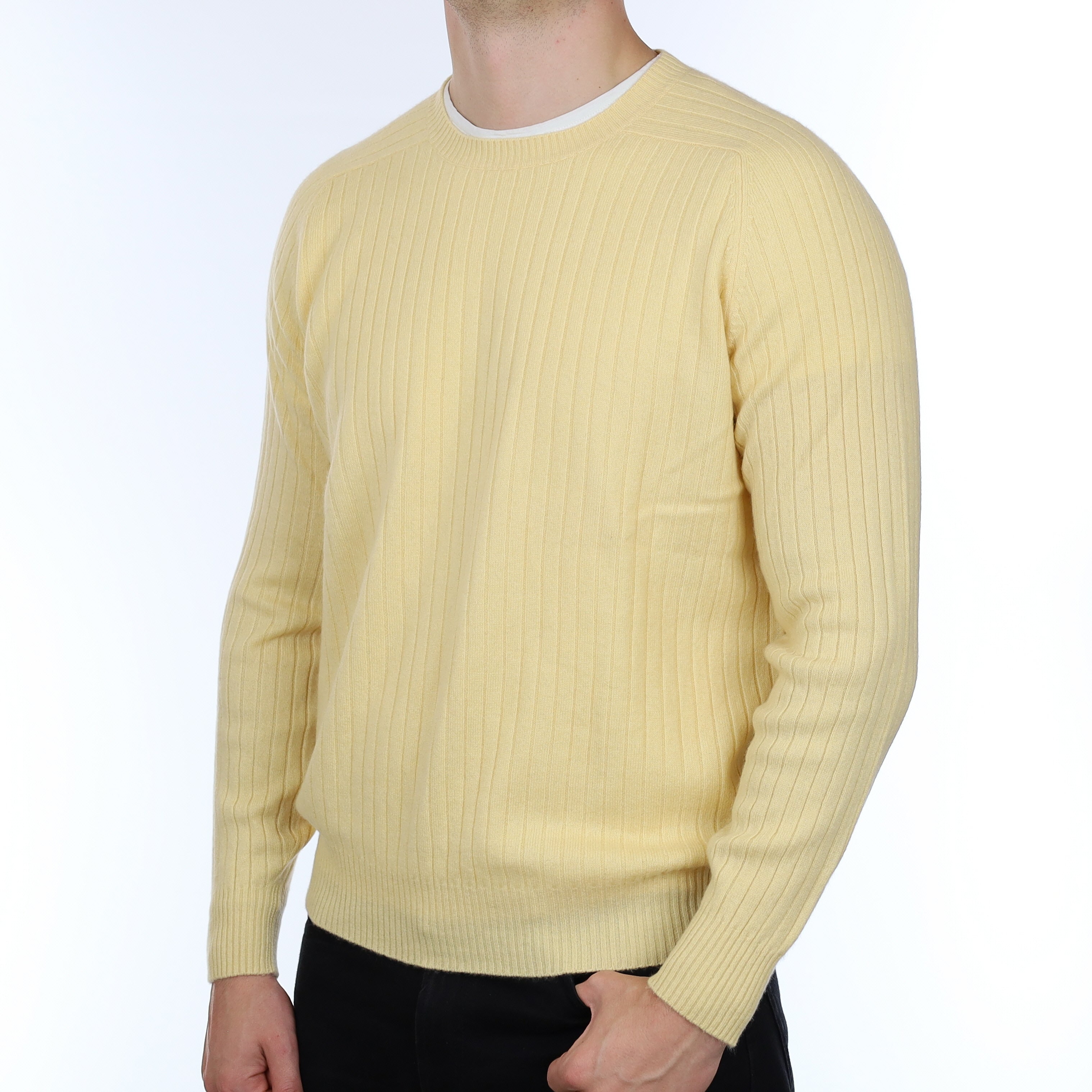 Men’s Custard Yellow Rib Cashmere Crew Neck Jumper XL