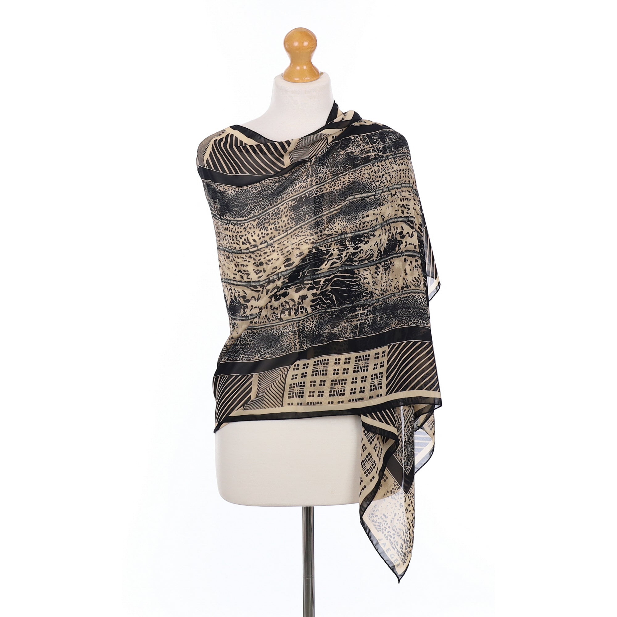 Jaeger Black and Beige Patterned Silk Wrap