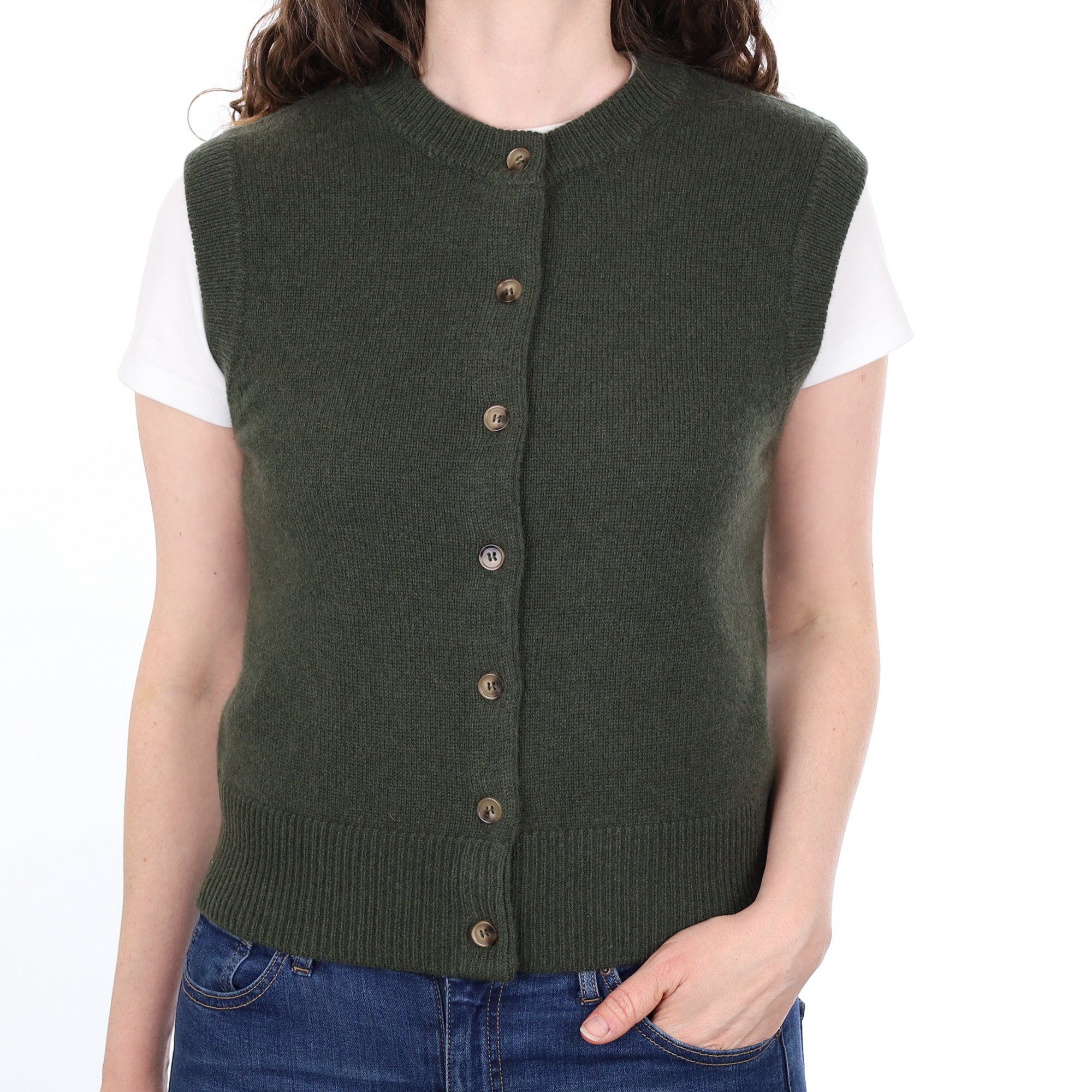 Brand New Khaki Luxury Cashmere Crew Neck Waistcoat Small UK 8-10