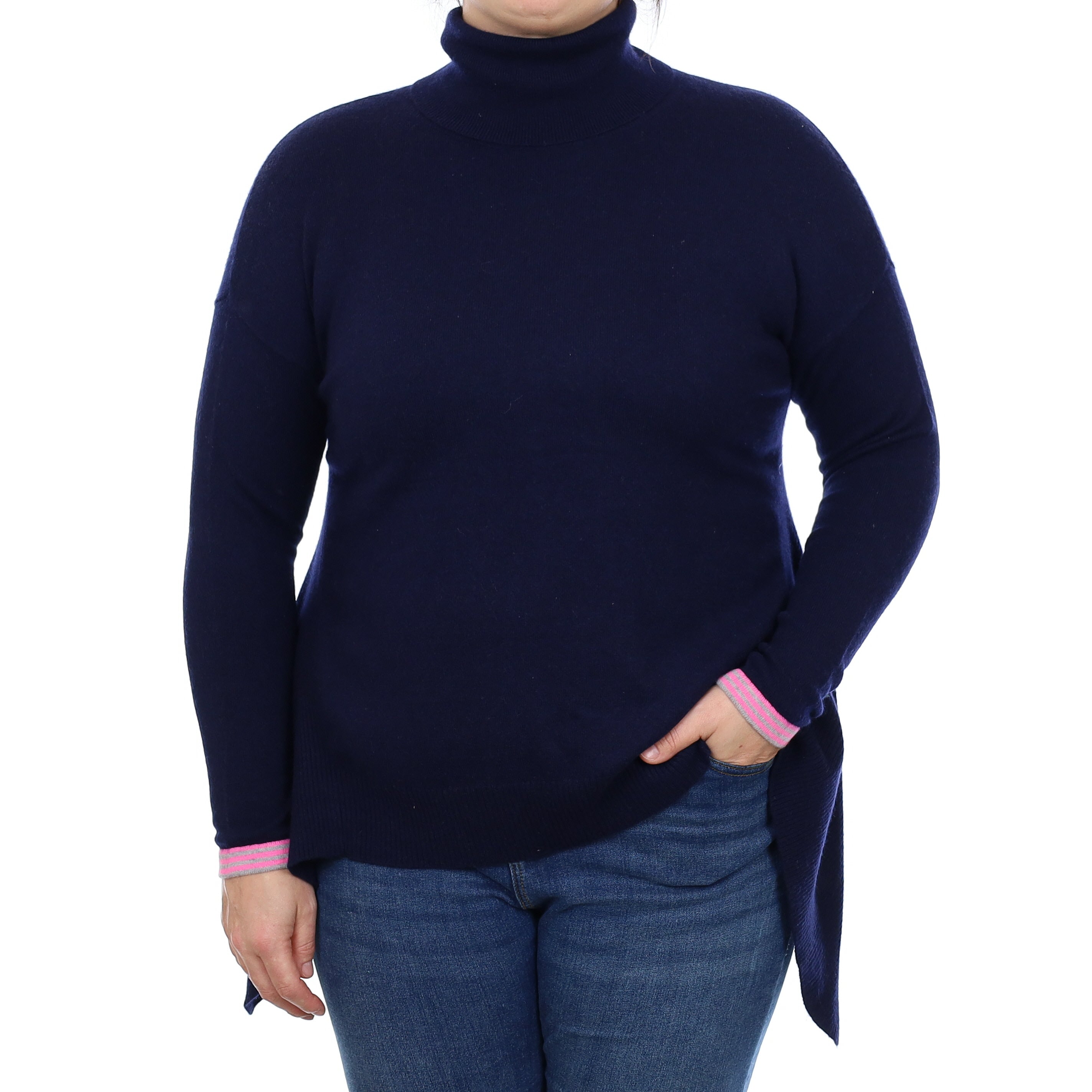 Cocoa Cashmere Navy Cashmere Asymmetric Polo Neck Tunic Jumper Large