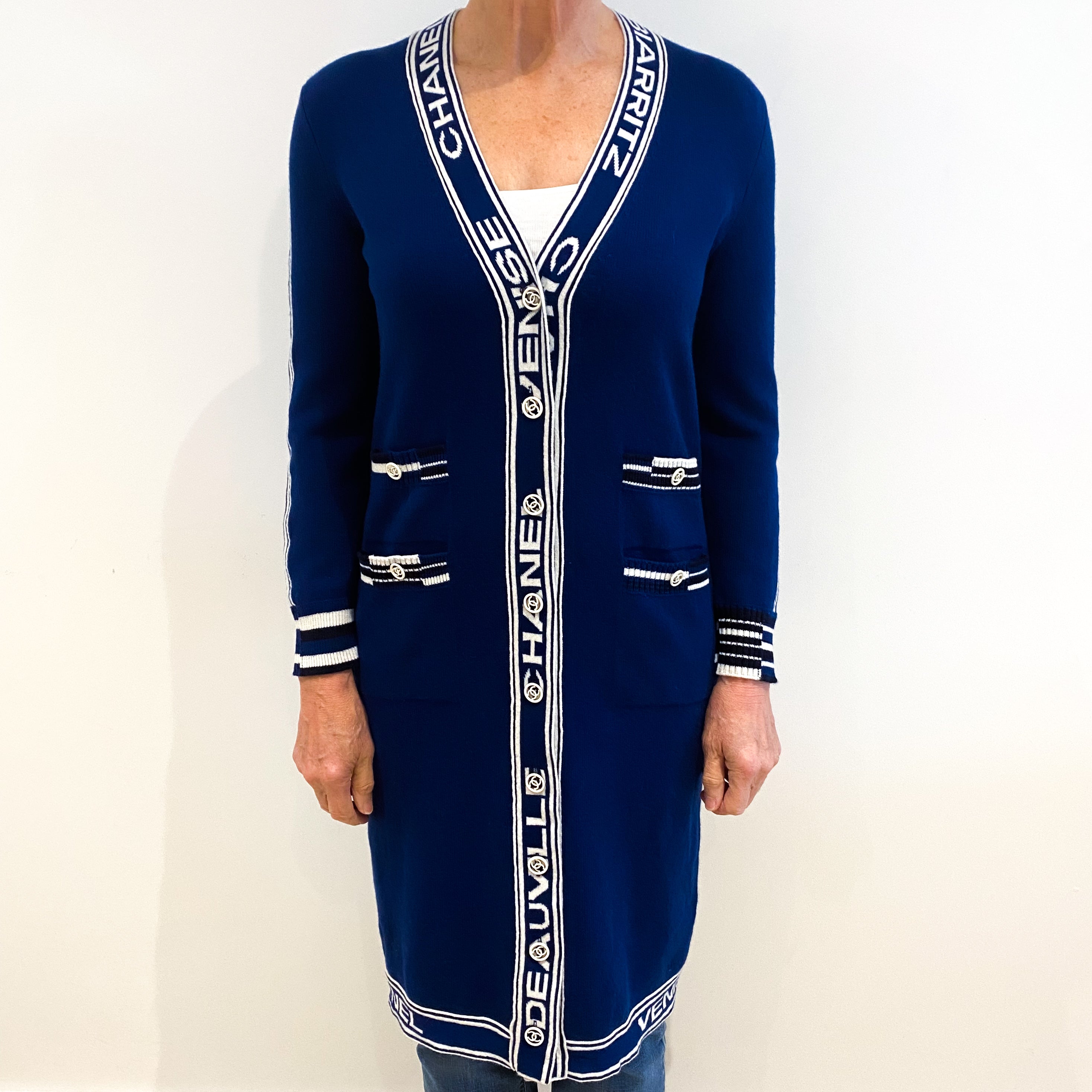 Chanel Deep Blue Longline V Neck Cardigan Coat Medium