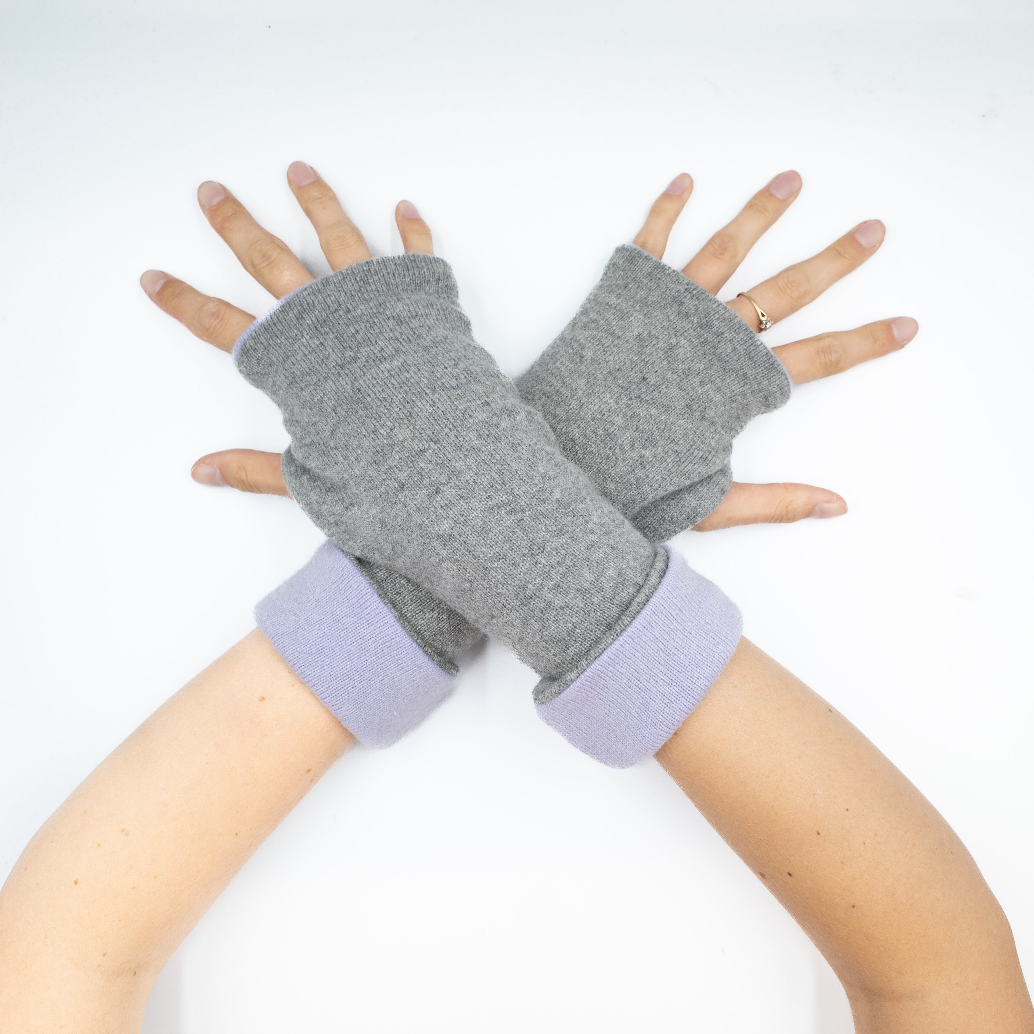 Smoke Grey and Lilac Purple Reversible Fingerless Gloves