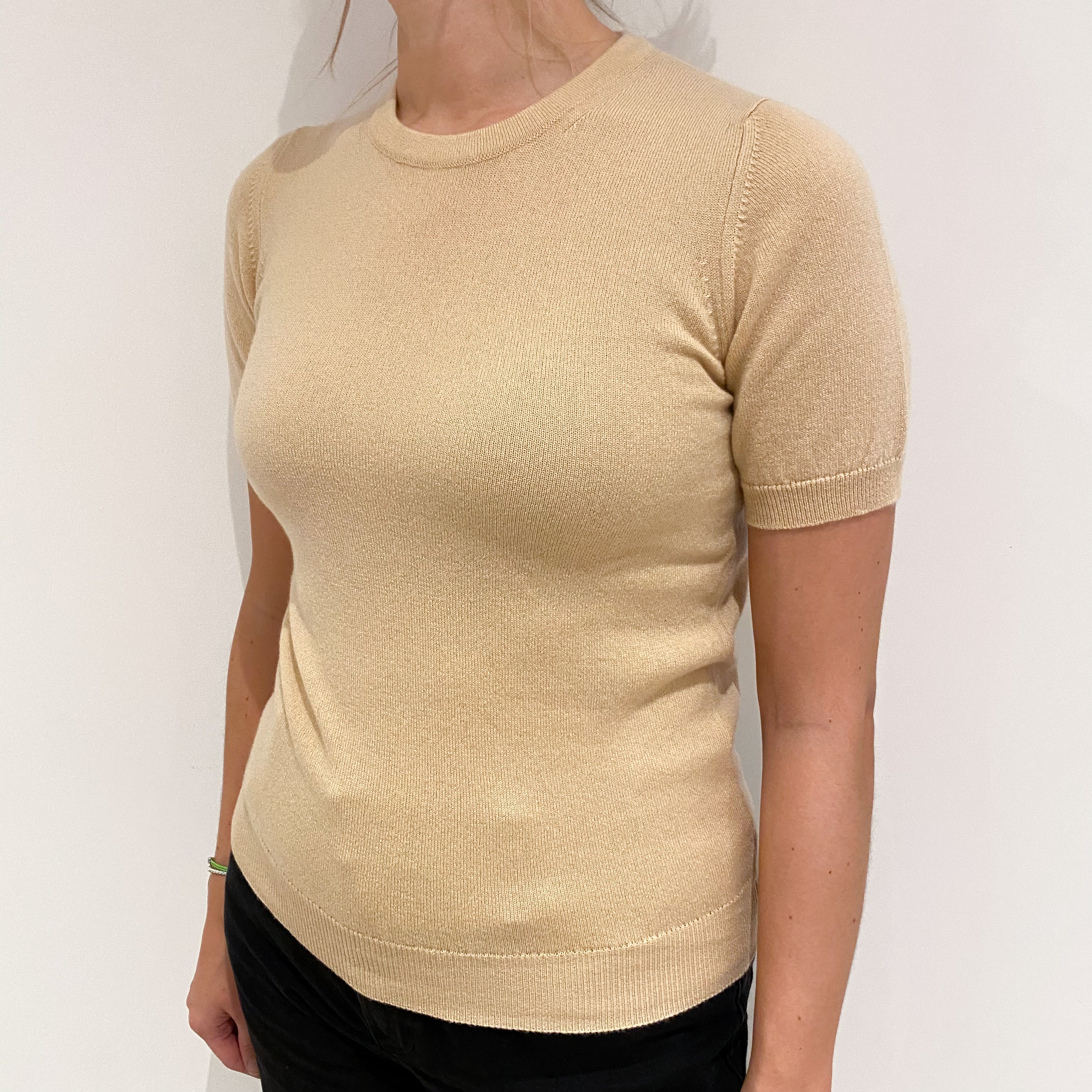Brand New Scottish Warm Beige Short Sleeved Cashmere Crew Neck Jumper Small