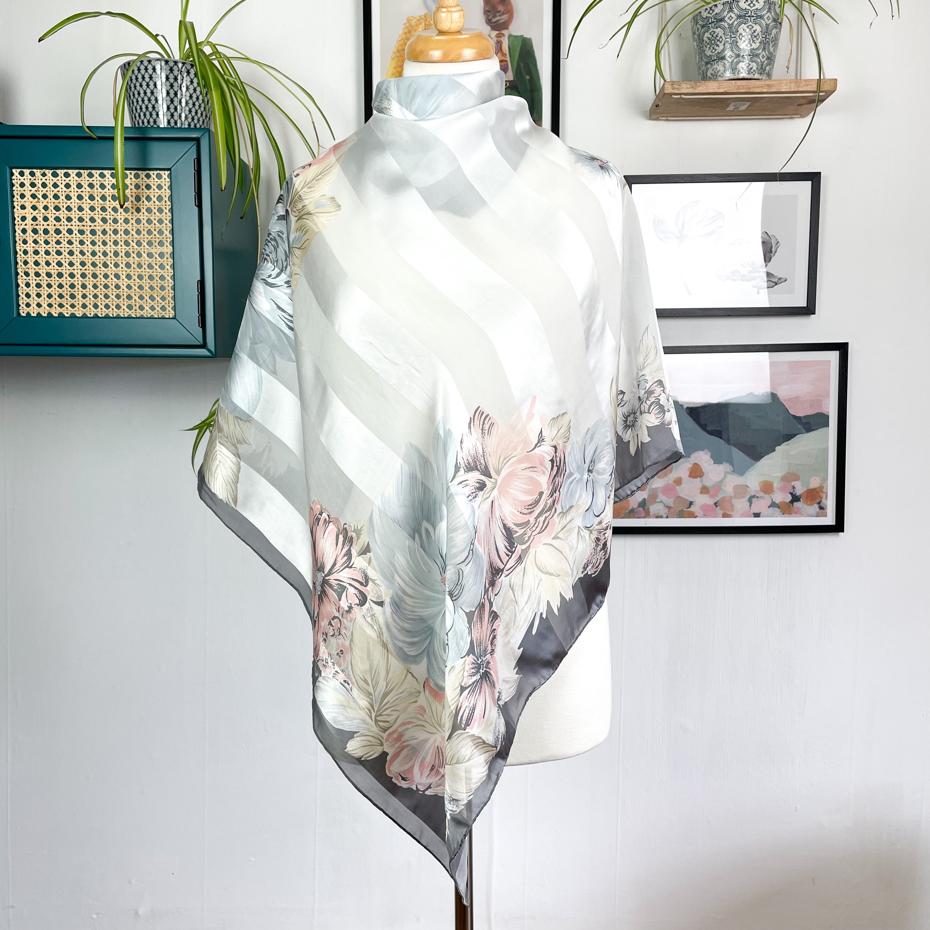 Muted Floral Chiffon Vintage Silk Scarf