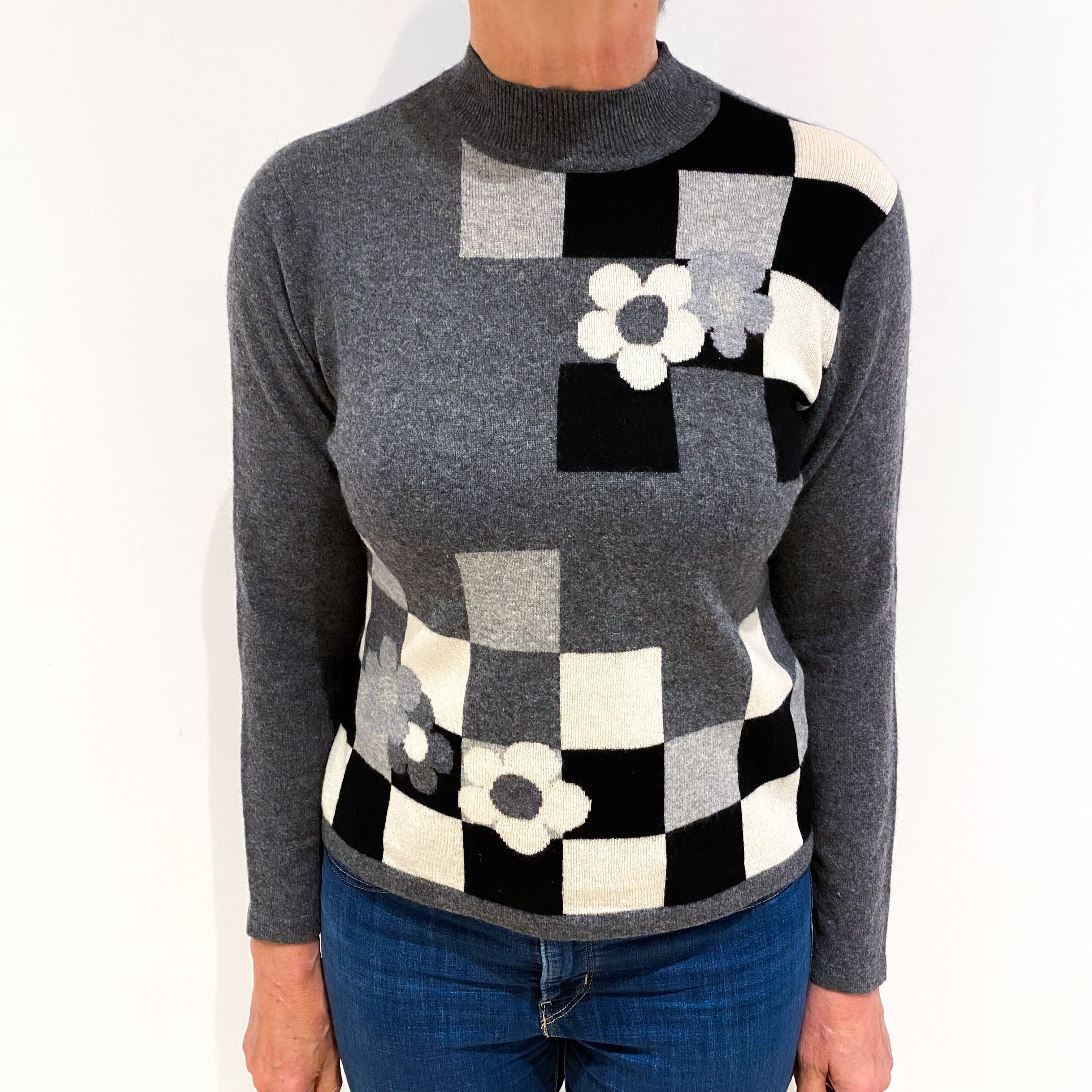 Grey Floral Checked Cashmere Turtle Neck Jumper Medium