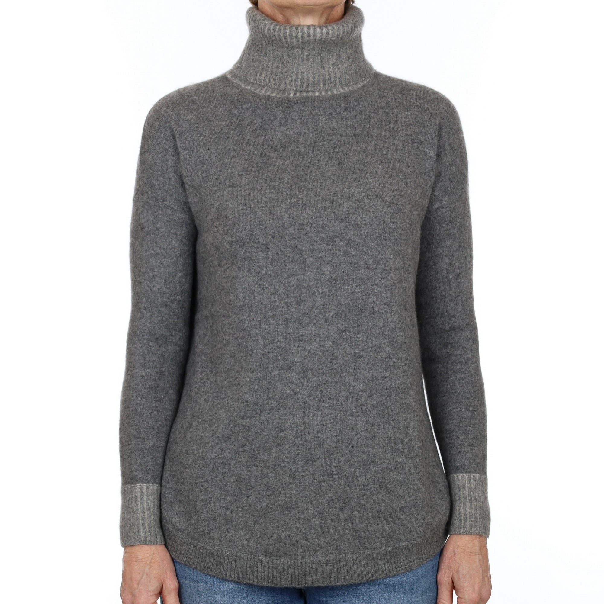 Ash Grey Cashmere Scooped Hem Polo Neck Jumper Small