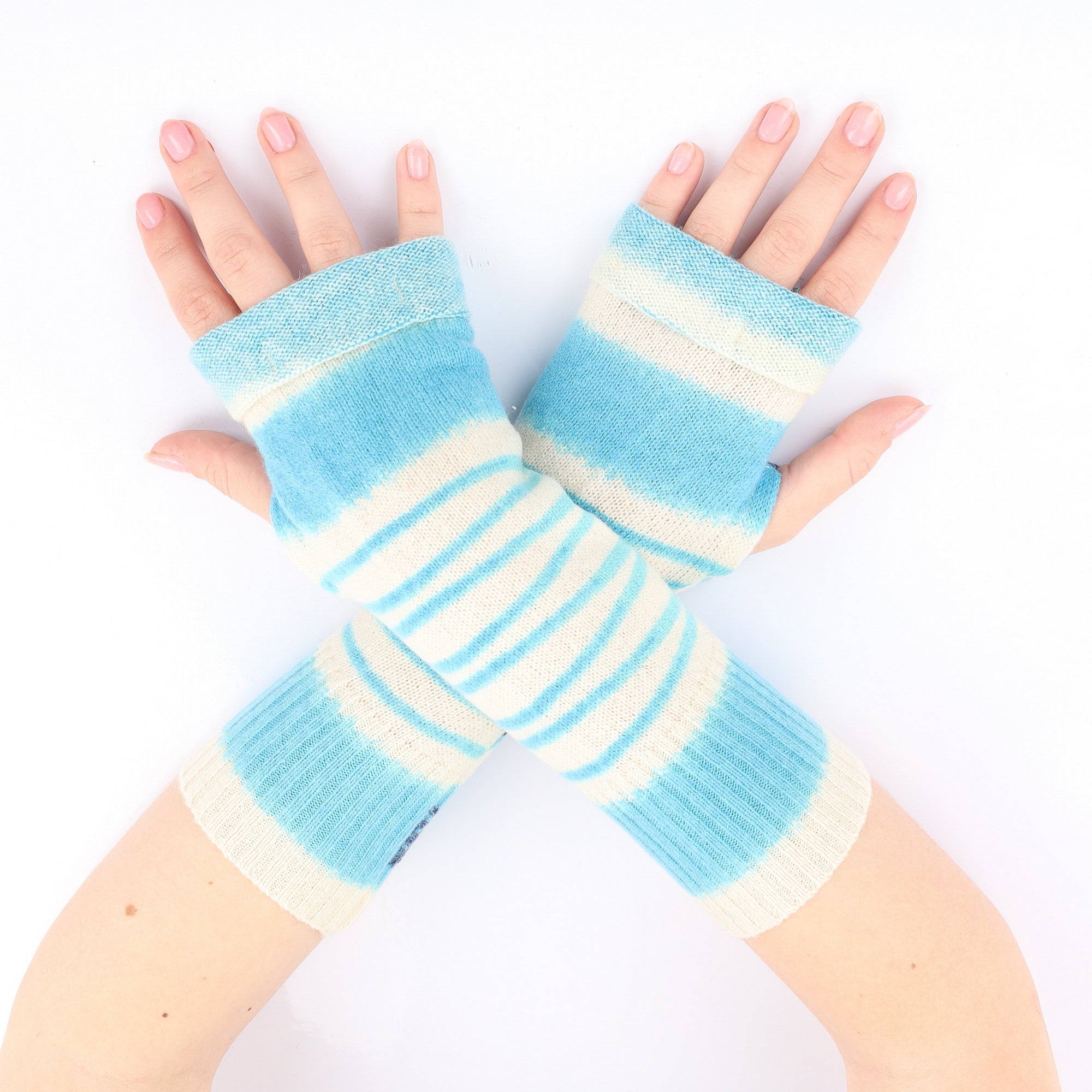 Aqua and Cream Stripe Fingerless Gloves