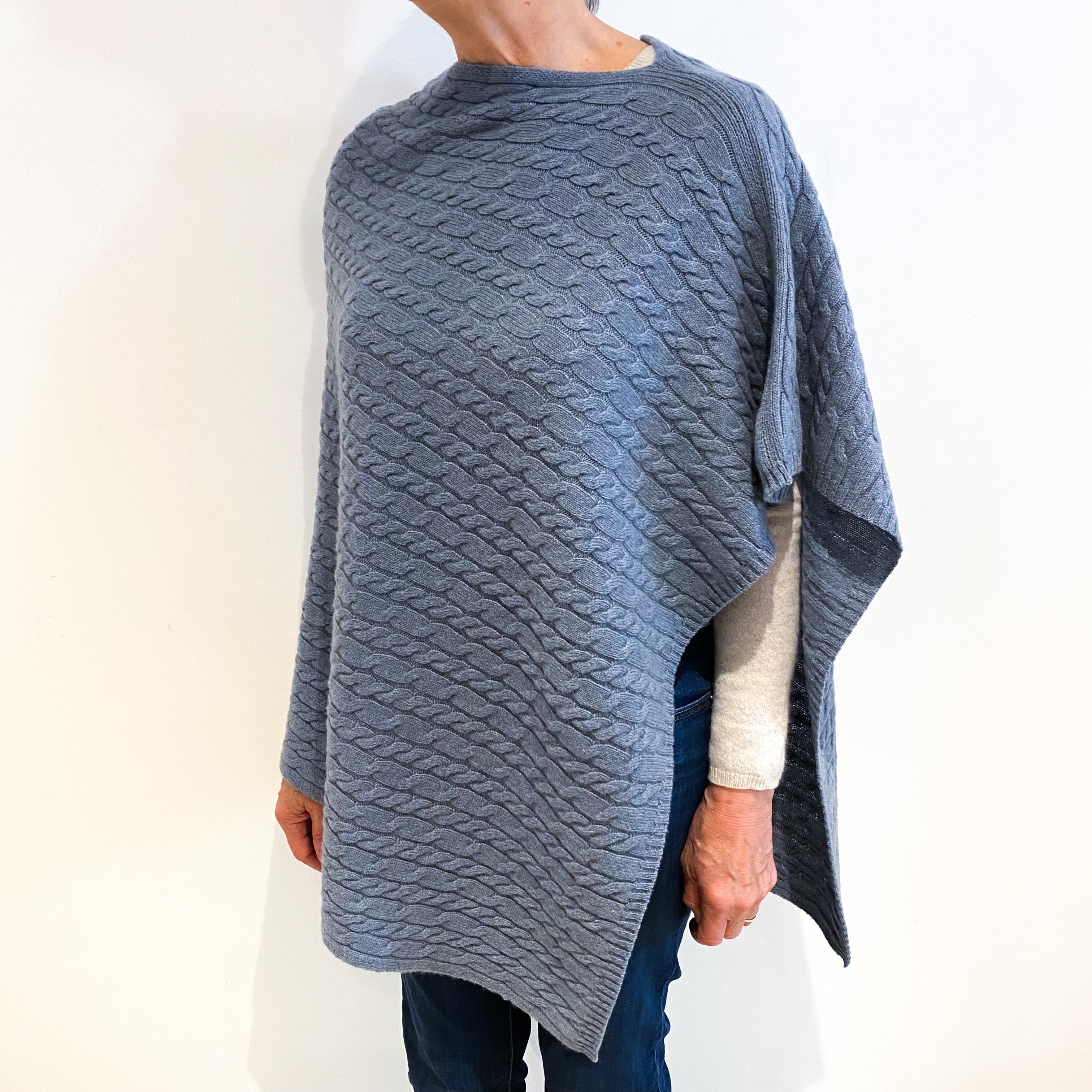 Brand New Scottish Dusky Grey Blue Cashmere Cable Poncho One Size