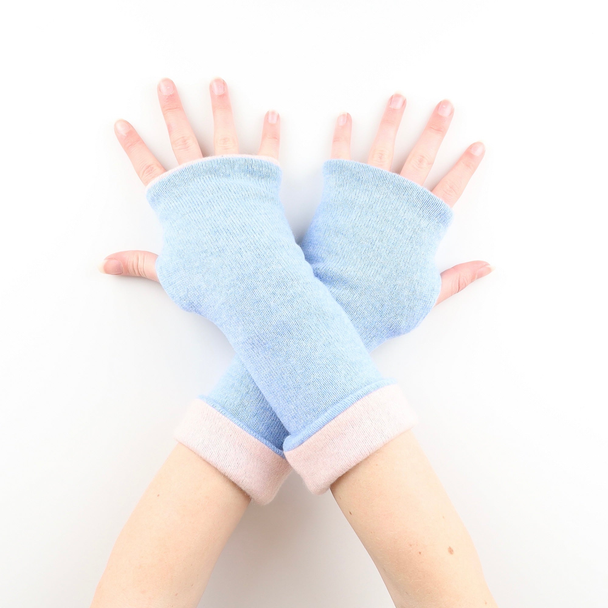 Sky Blue and Pale Pink Reversible Luxury Cashmere Fingerless Gloves