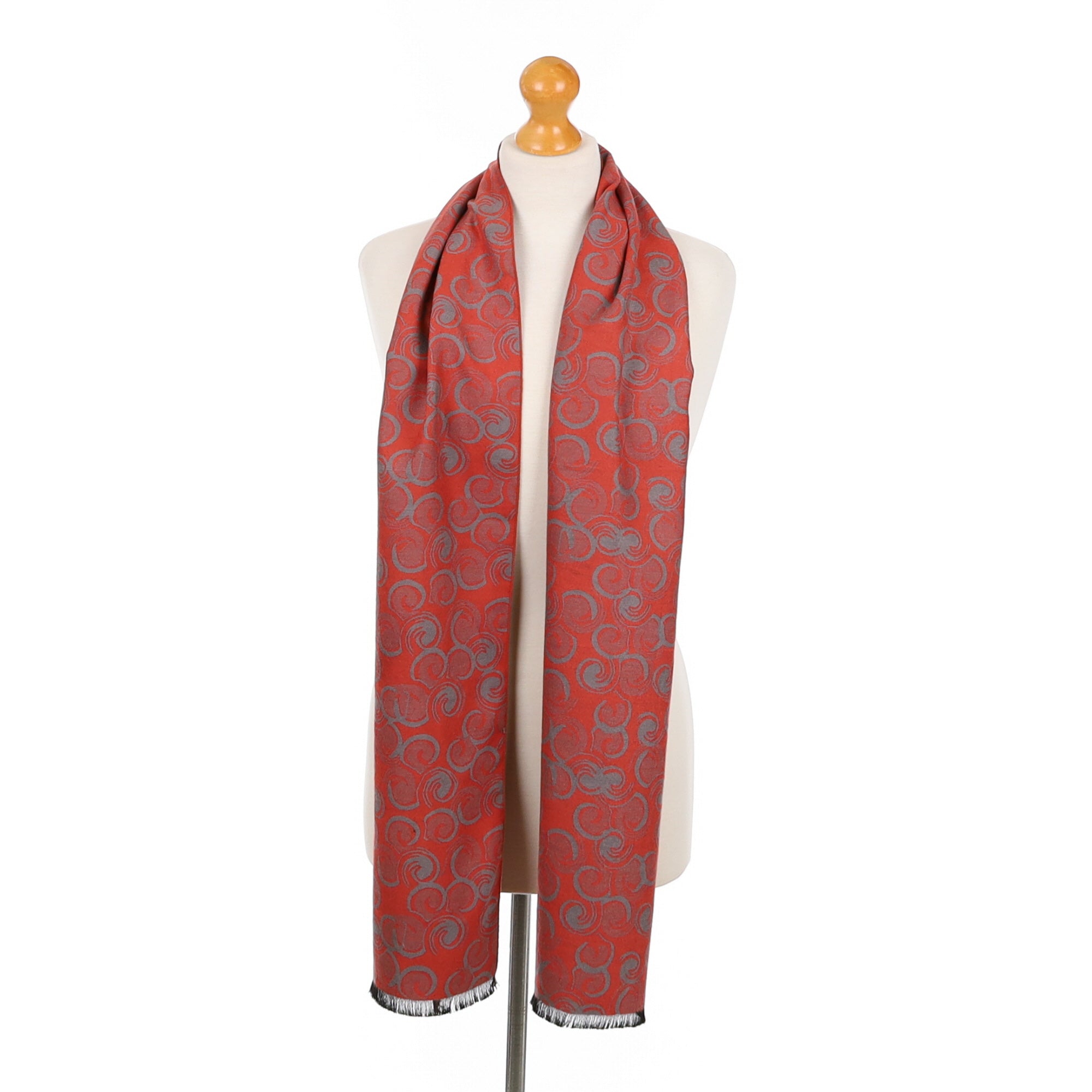 Long Red and Grey Woven Silk Scarf