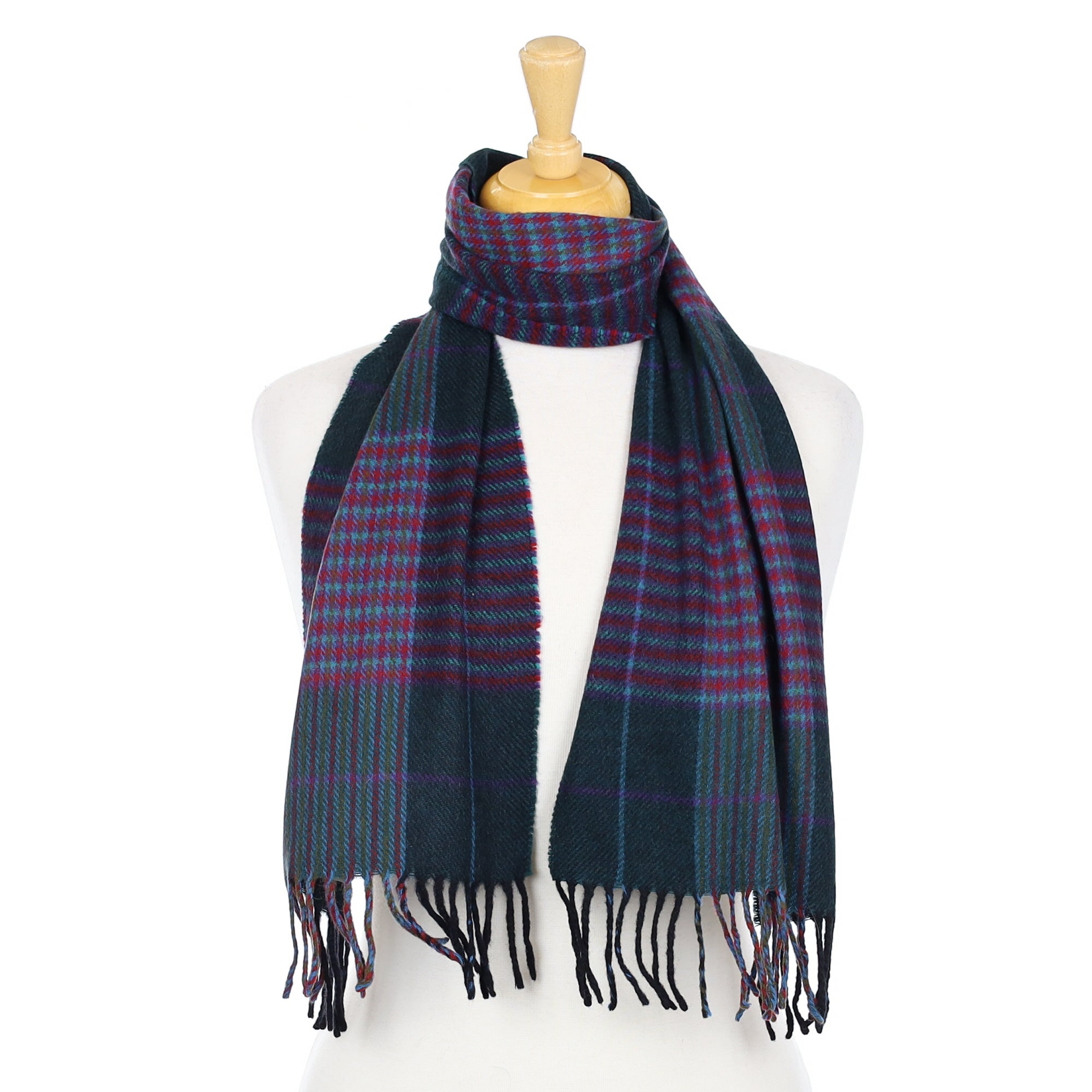 Bottle Green and Raspberry Check Woven Cashmere Scarf