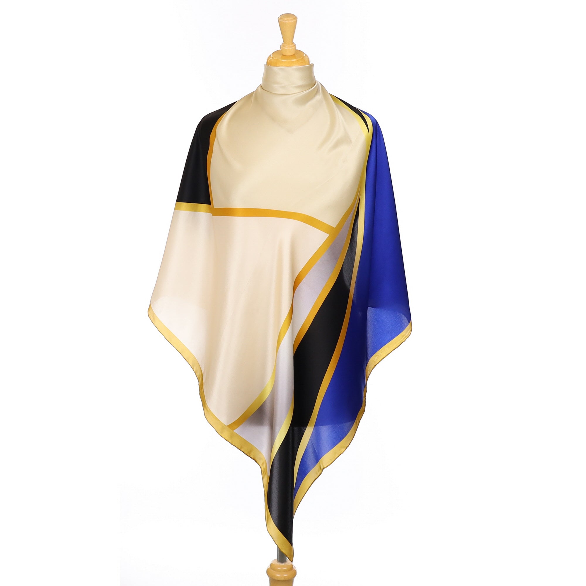 Unworn Geometric Cream, Blue and Black Silk Scarf
