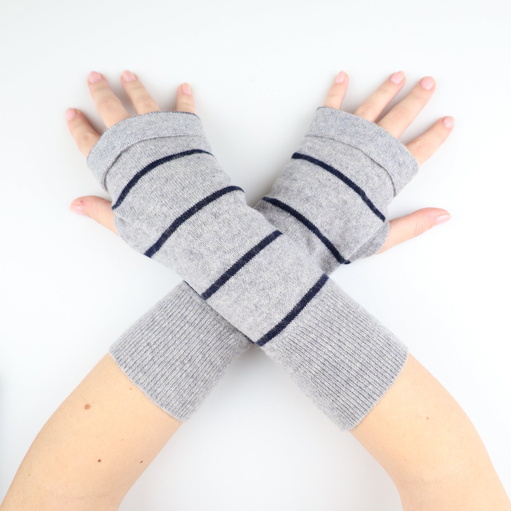Smoke Grey and Navy Striped Fingerless Gloves