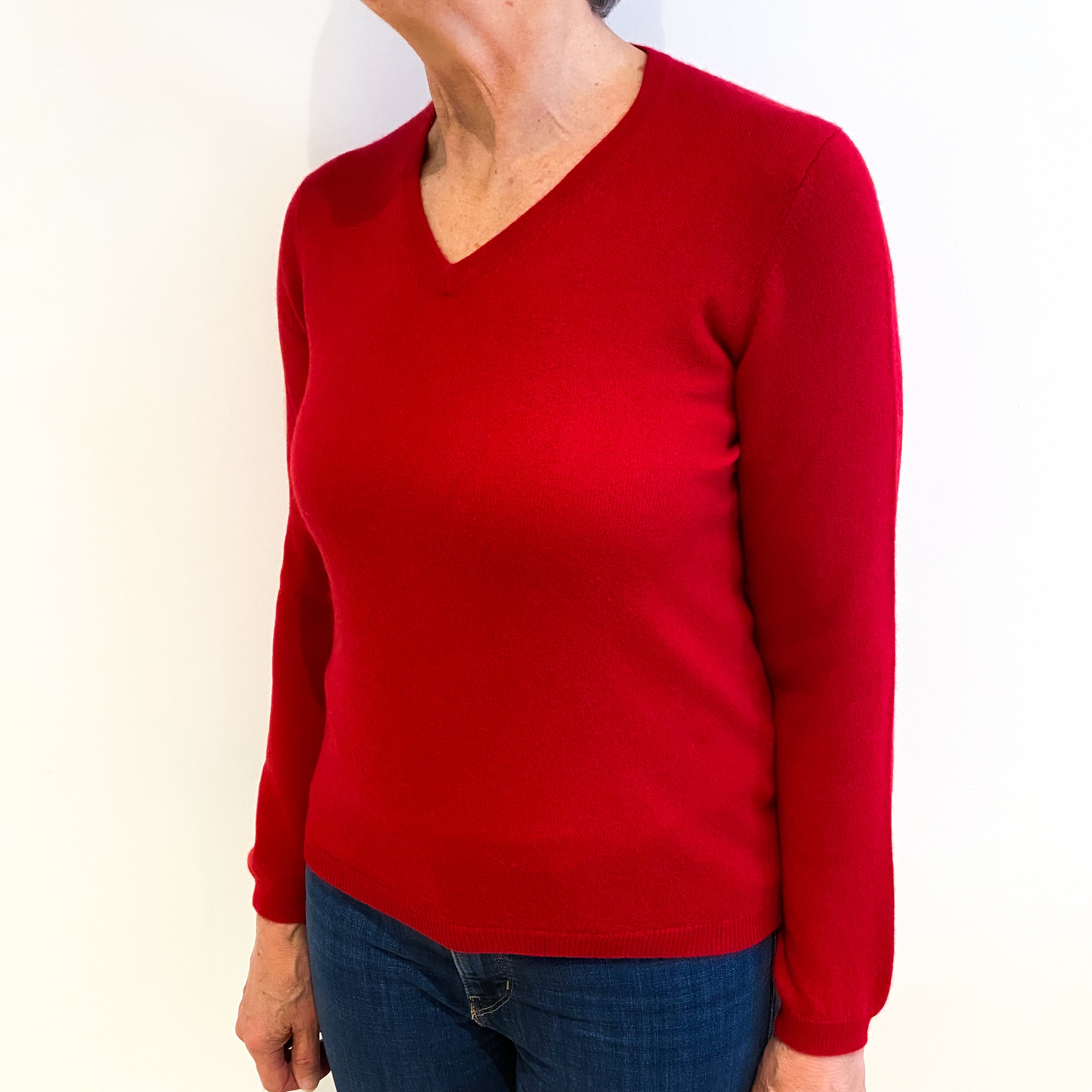 Post Box Red Cashmere V Neck Jumper Medium