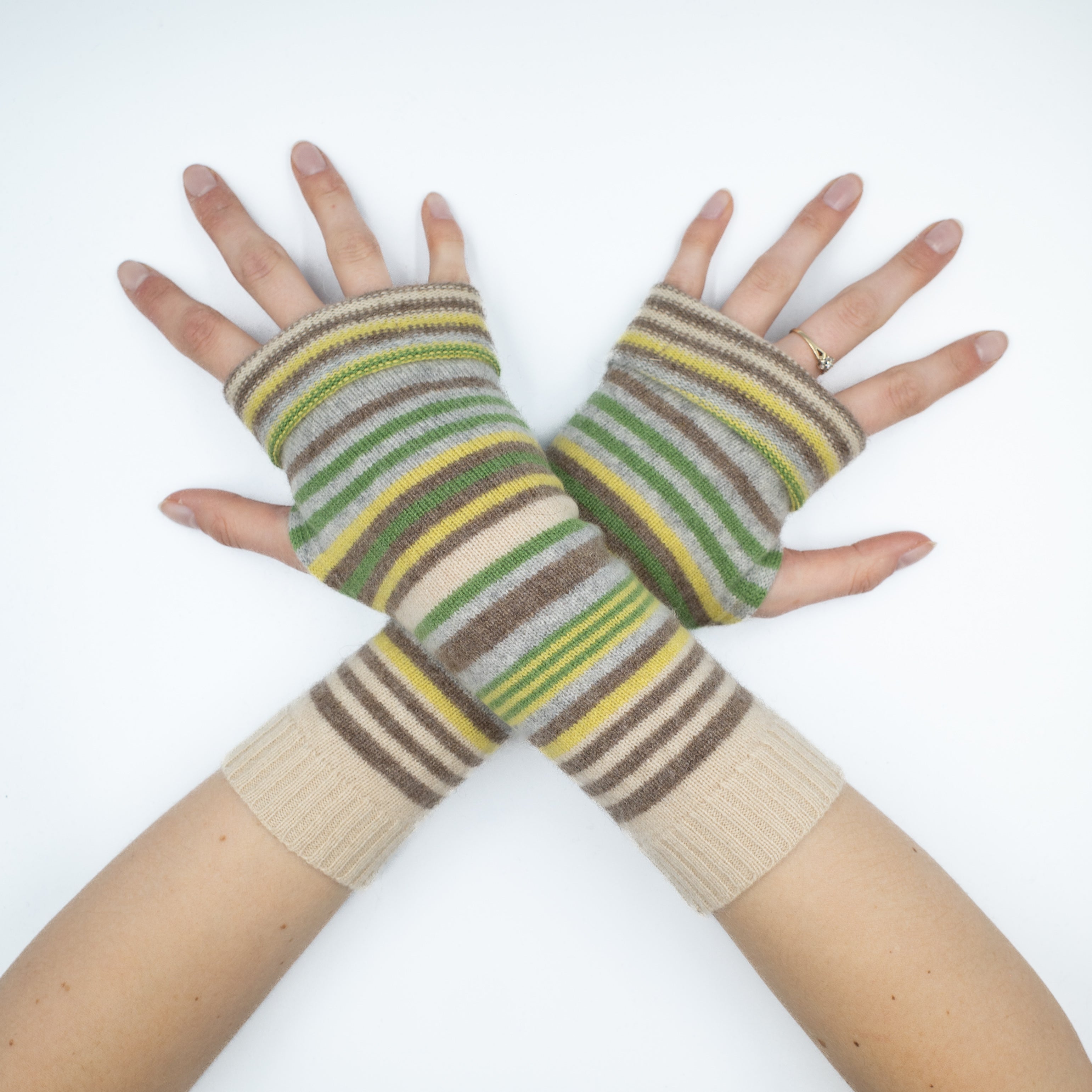 Green and Oatmeal Muted Striped Fingerless Gloves