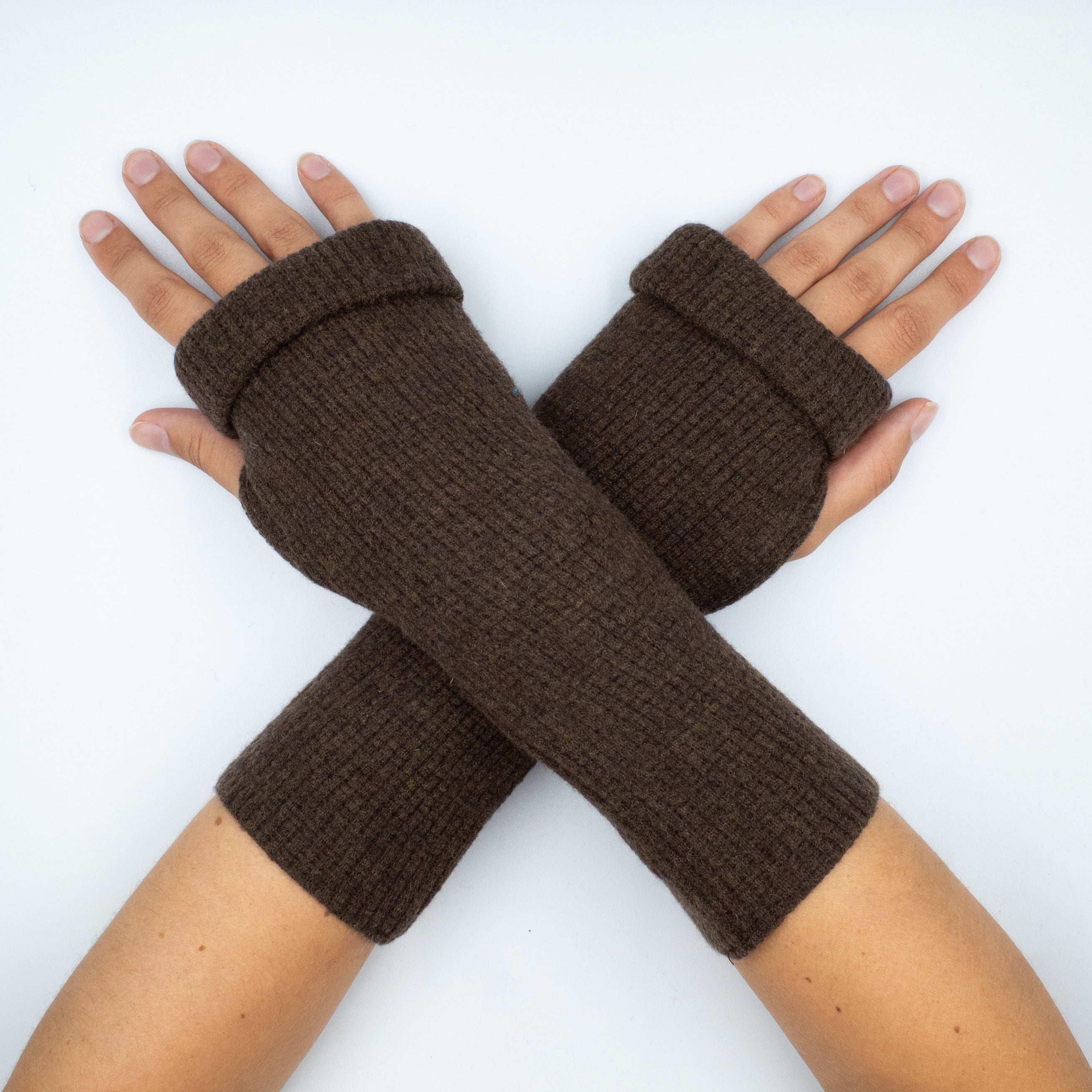 Chocolate Brown Waffle Cashmere Fingerless Gloves
