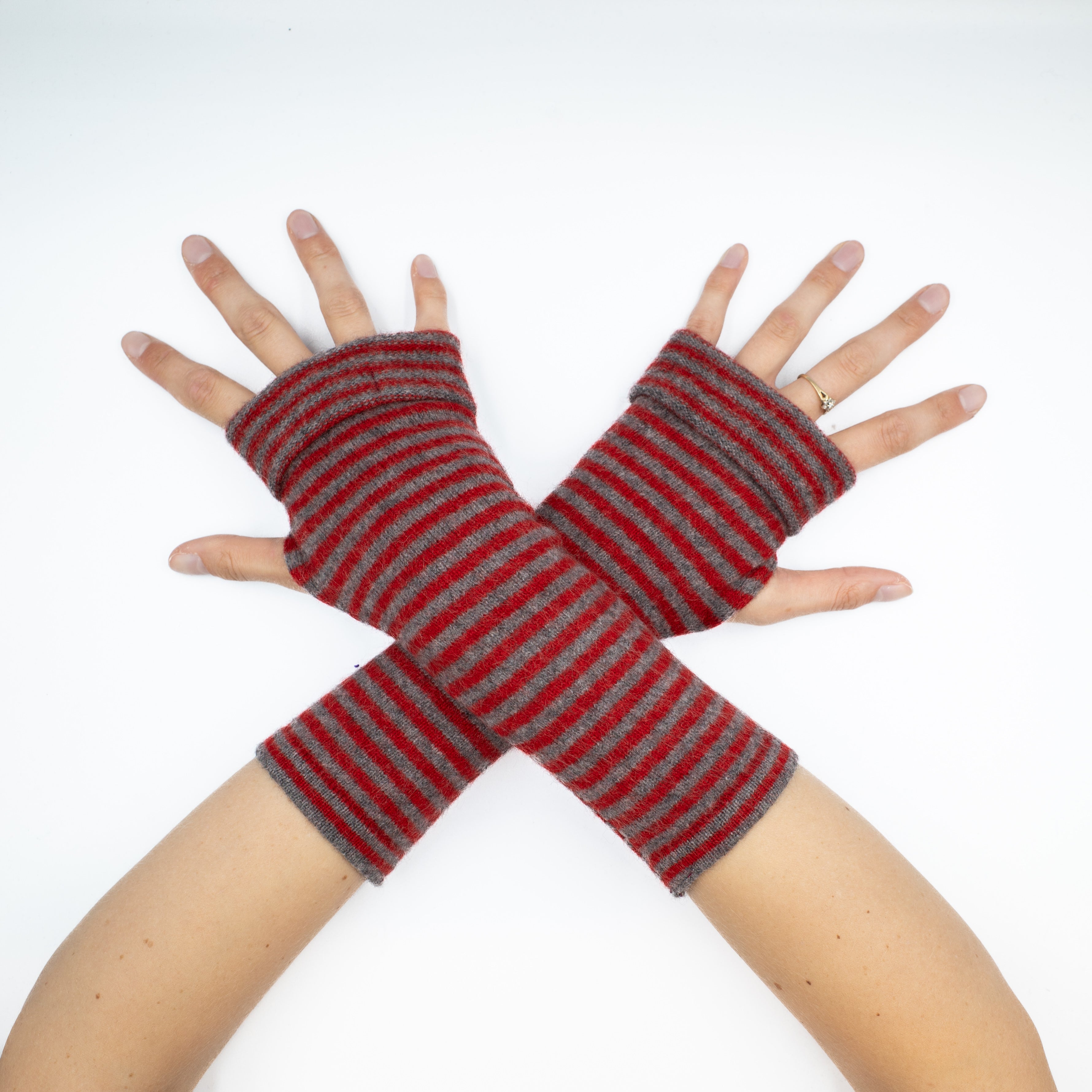 Red and Mouse Brown Striped Fingerless Gloves