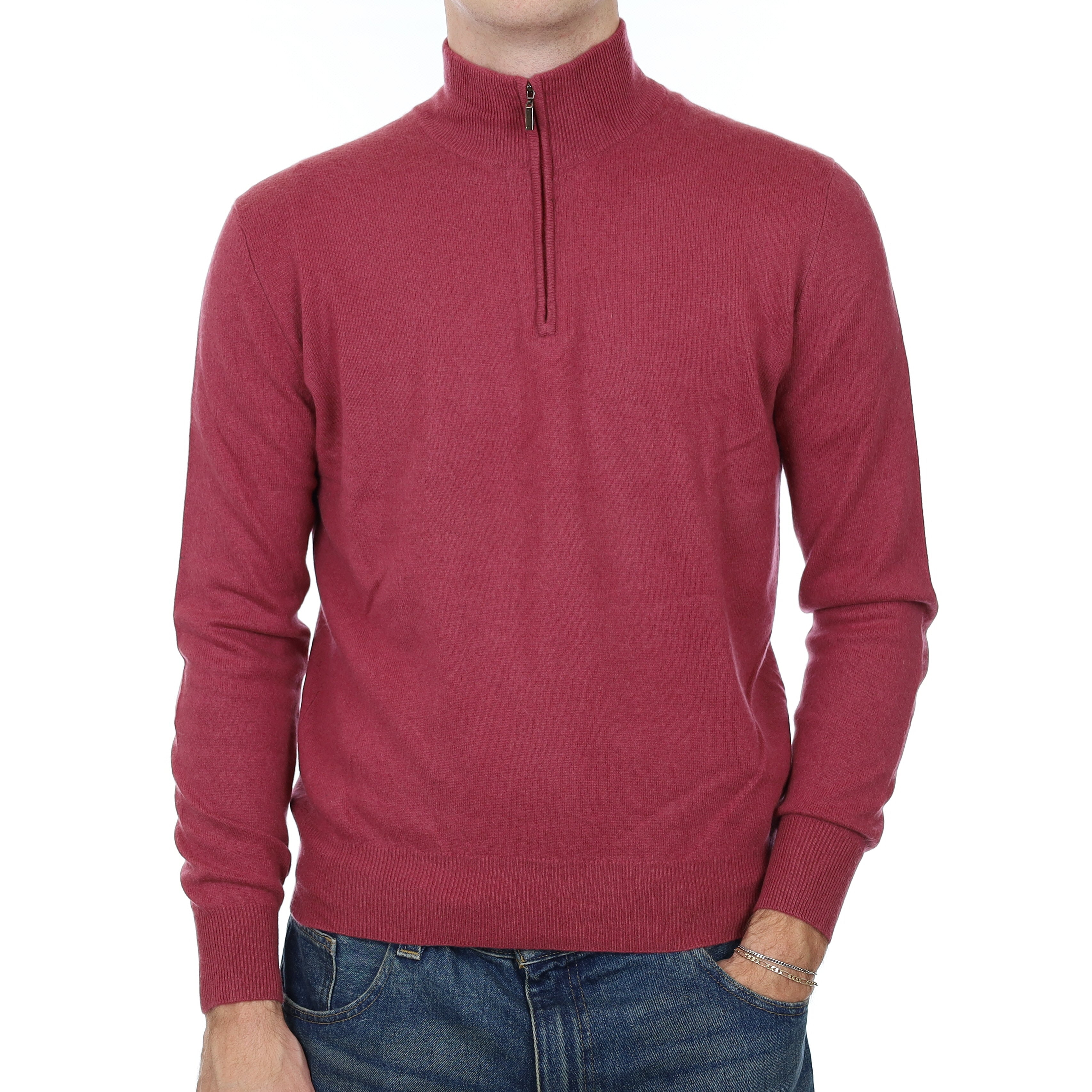 Men’s Rosewood Pink Checked Cashmere 1/4 Zip Jumper Large