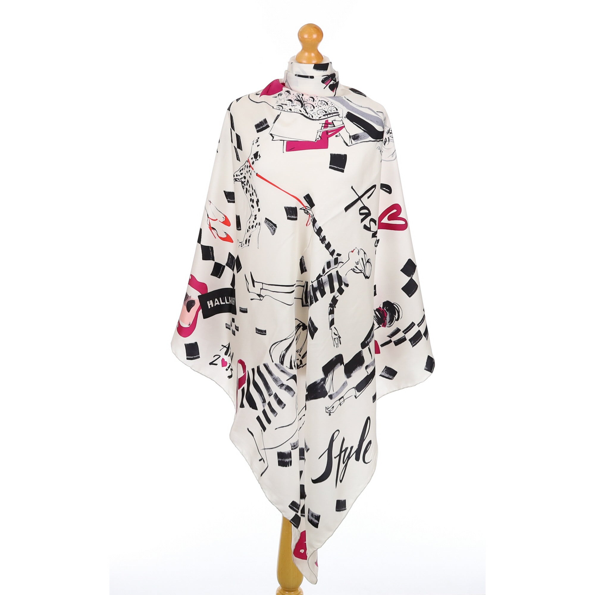 Large White Pink & Black Silk Scarf