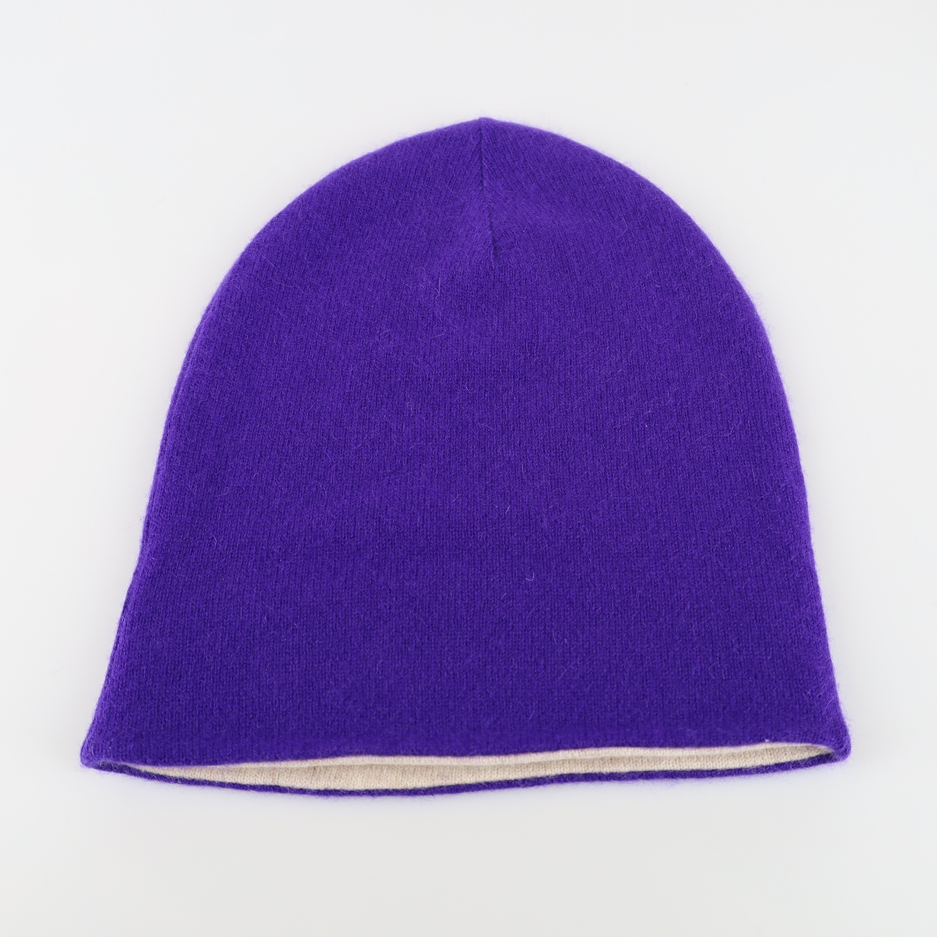 Regal Purple and Oatmeal Reversible Cashmere Beanie Hat