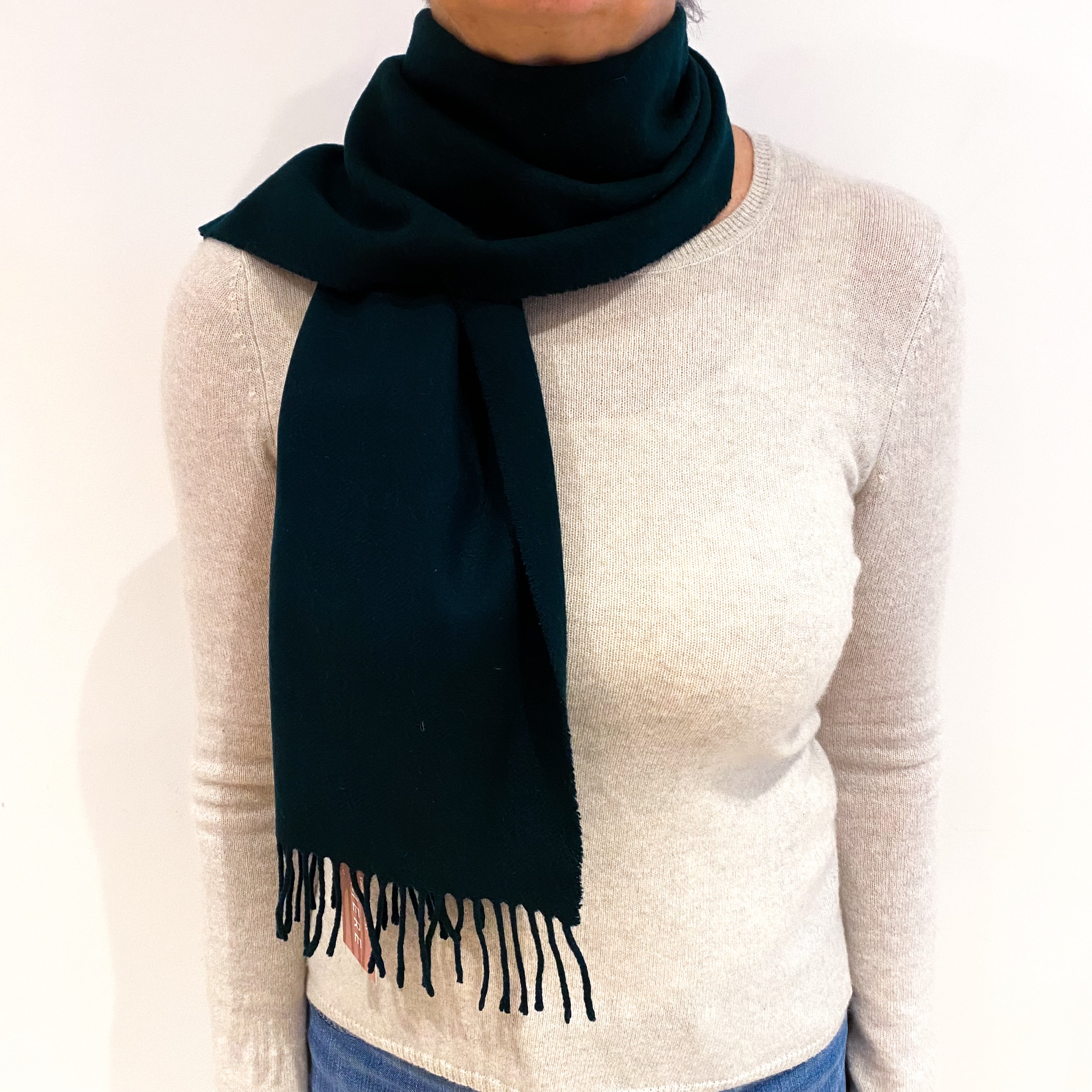 Bottle Green Cashmere Woven Fringed Scarf