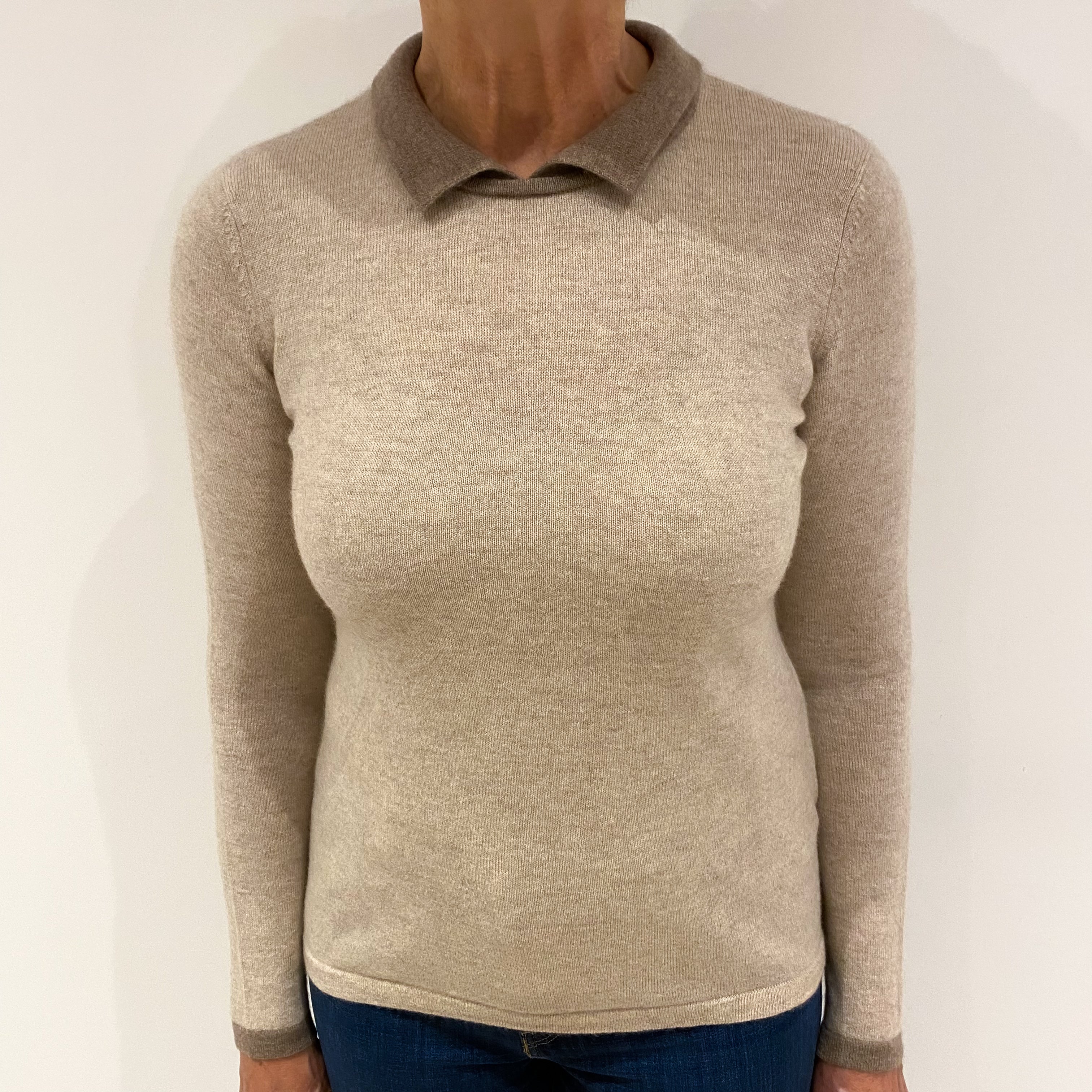 Oatmeal and Mink Brown Cashmere Collared Crew Neck Jumper Medium