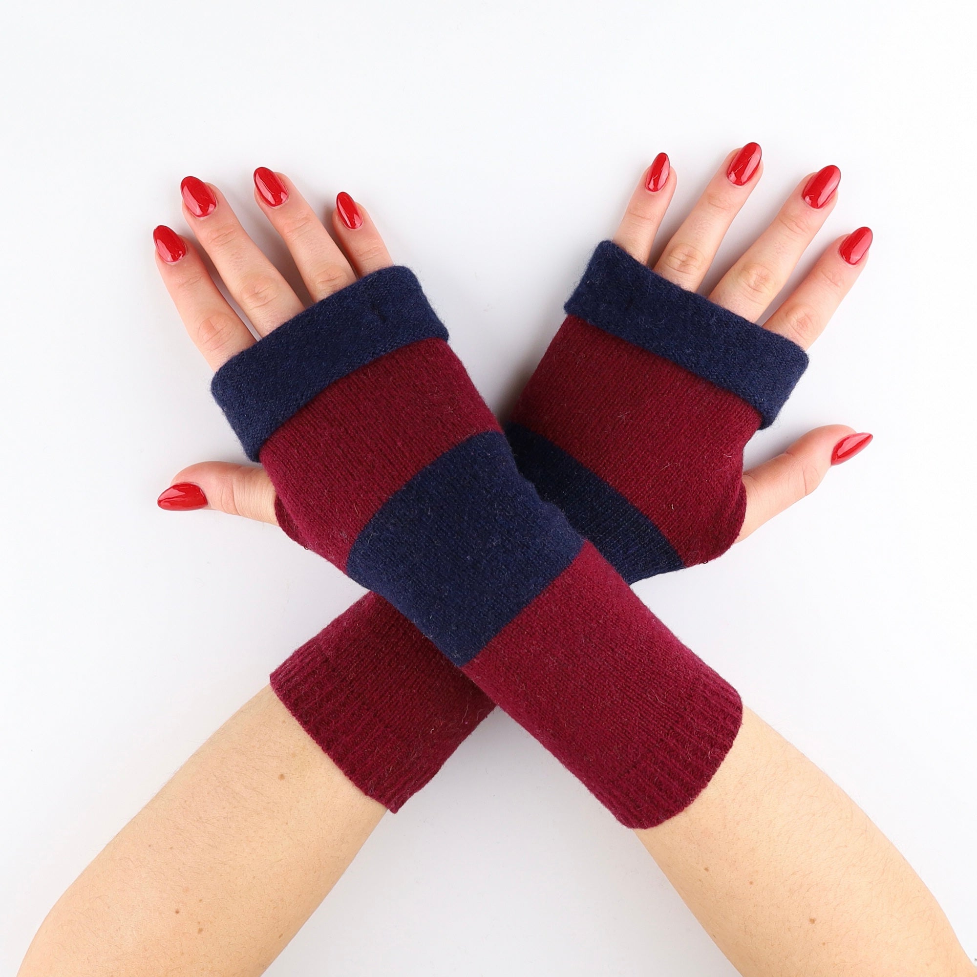 Navy and Wine Red Block Colour Fingerless Gloves