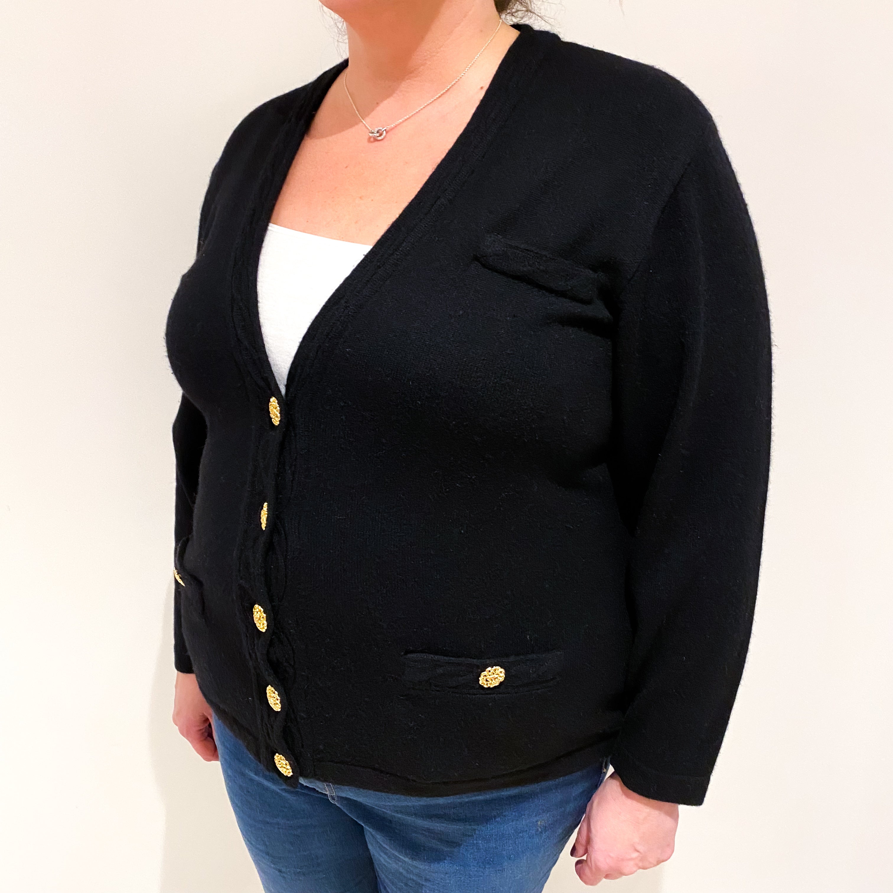 Black Cashmere V Neck Cardigan with Pockets Extra Large