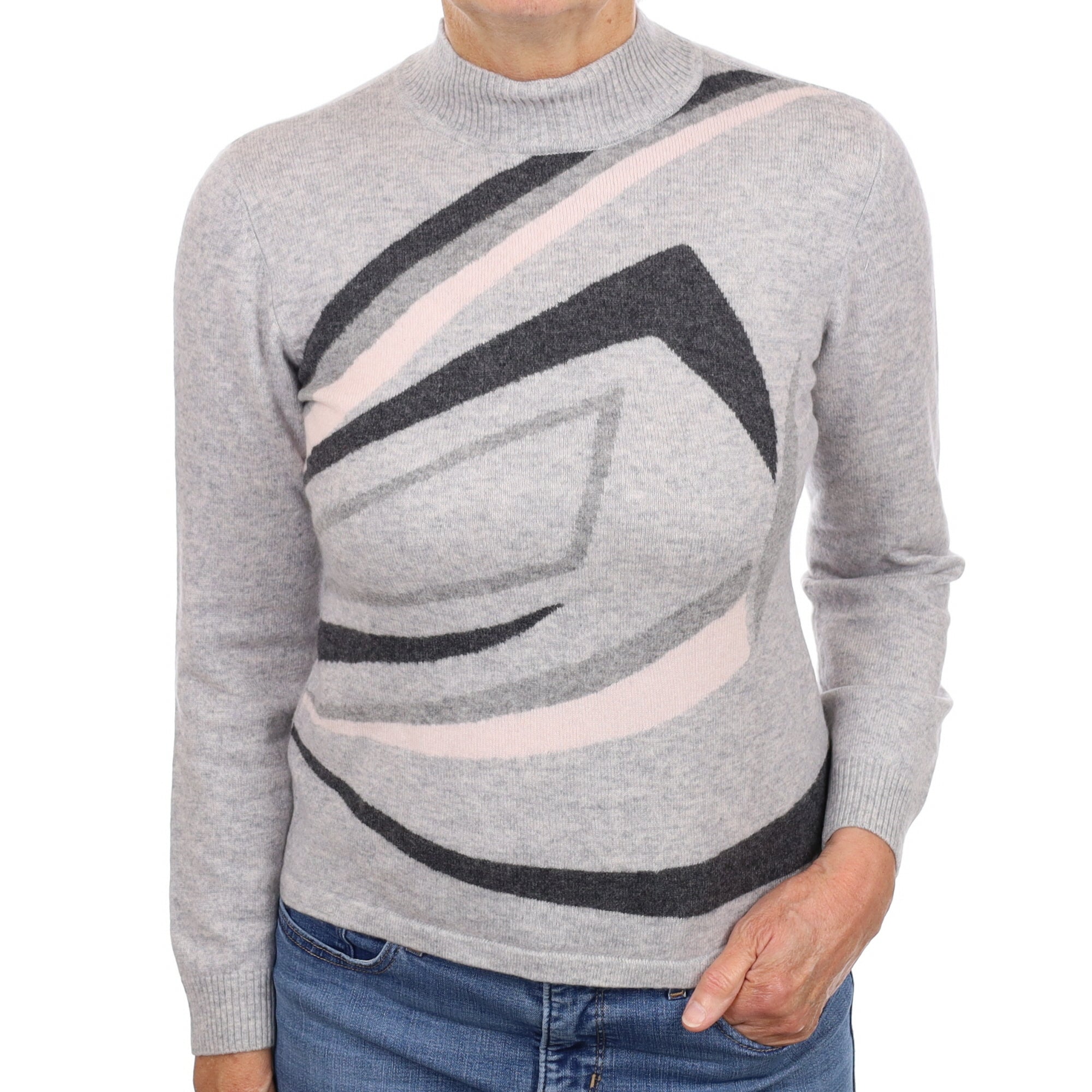 Grey Patterned Cashmere Turtle Neck Jumper Medium