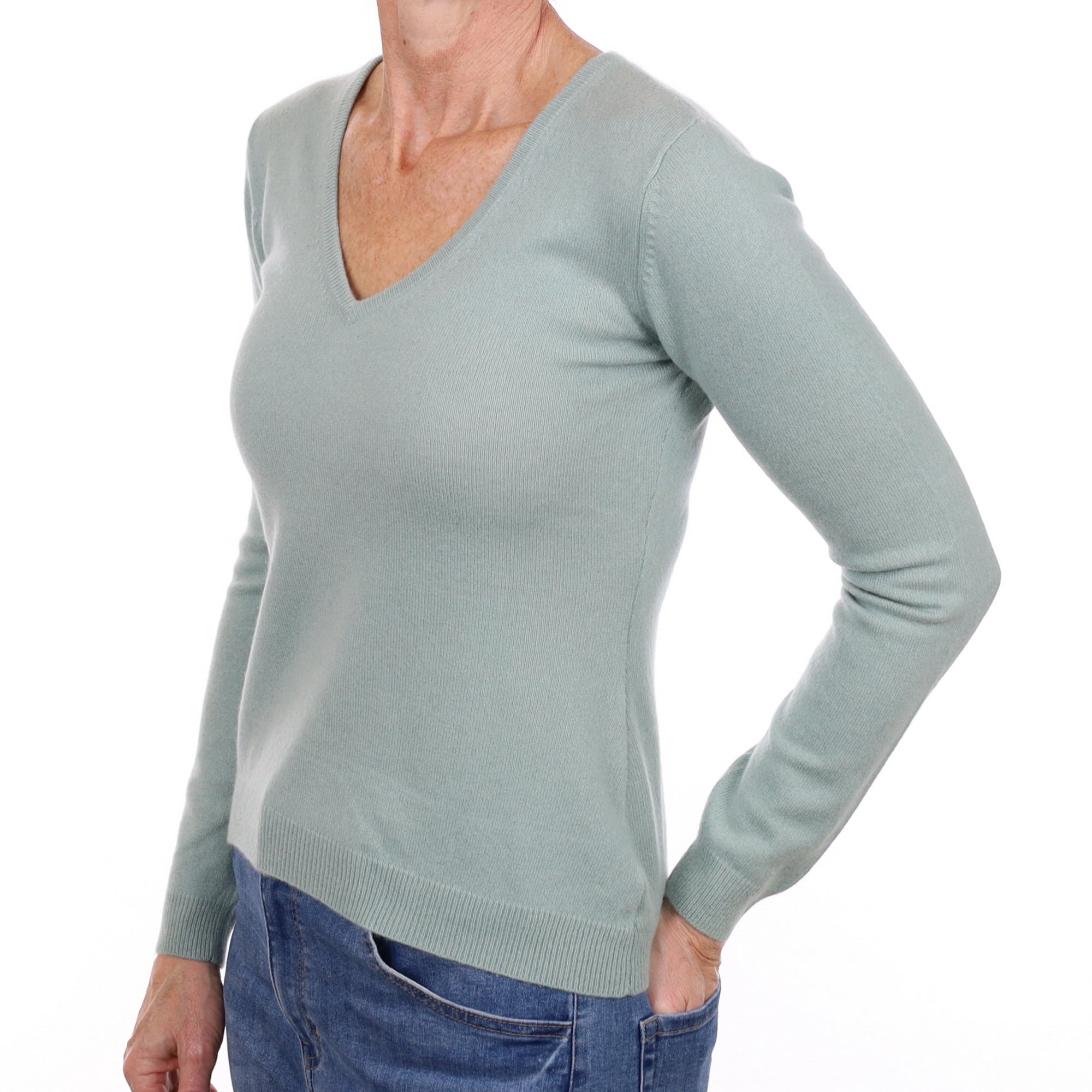 Duck Egg Green Cashmere V Neck Jumper Small