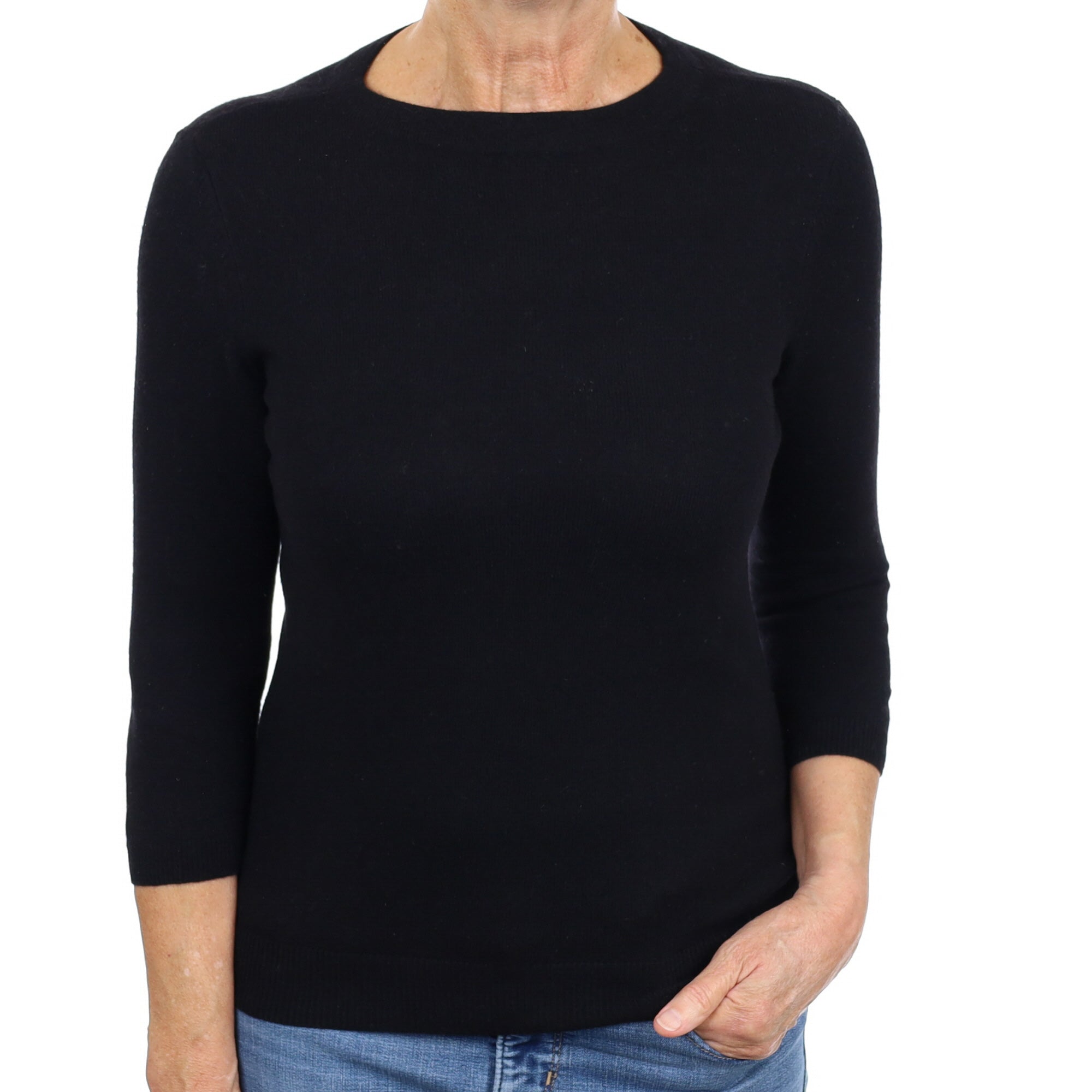 Black Cashmere 3/4 Sleeve High Crew Neck Jumper Medium