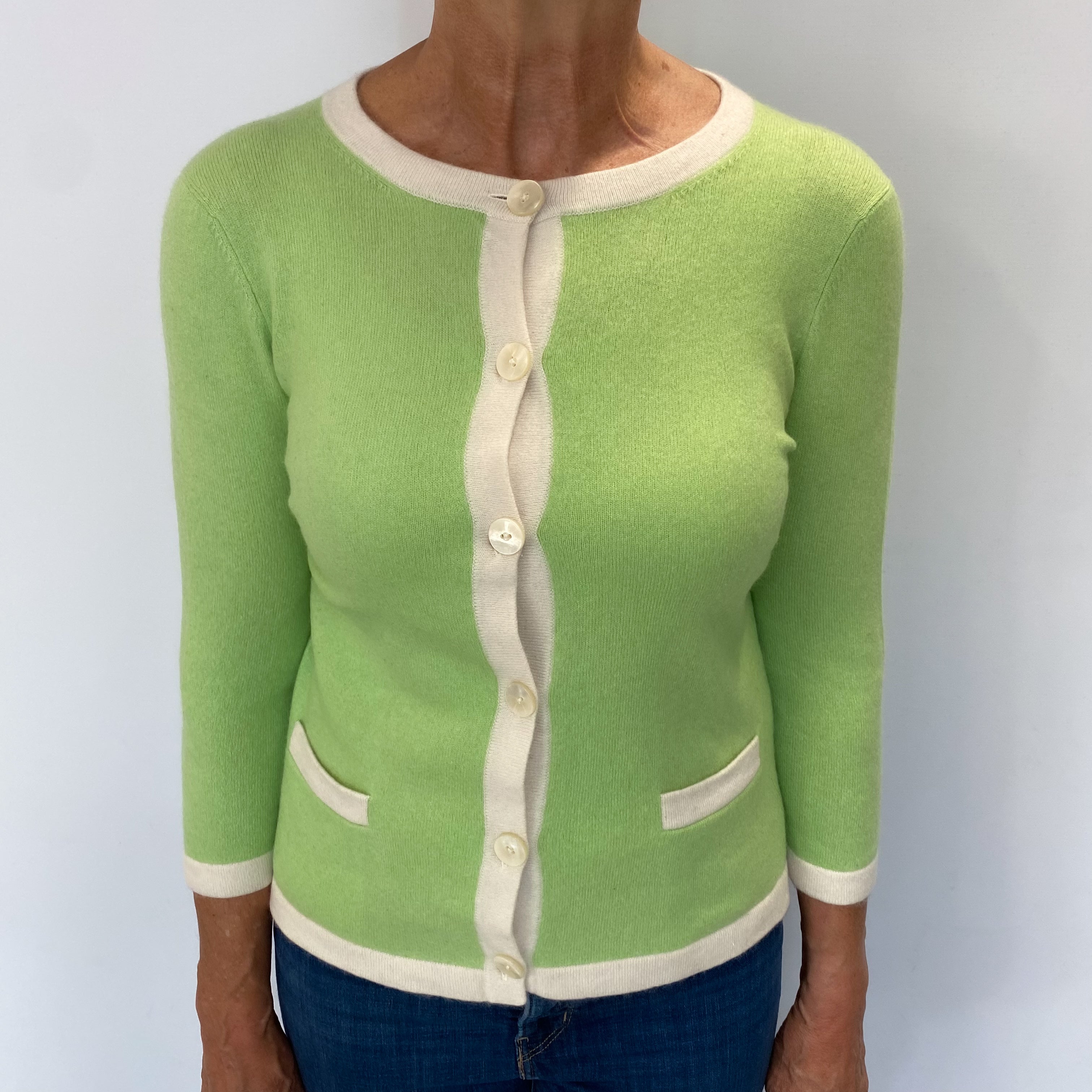 Spring Green Cashmere Crew Neck Cardigan Medium