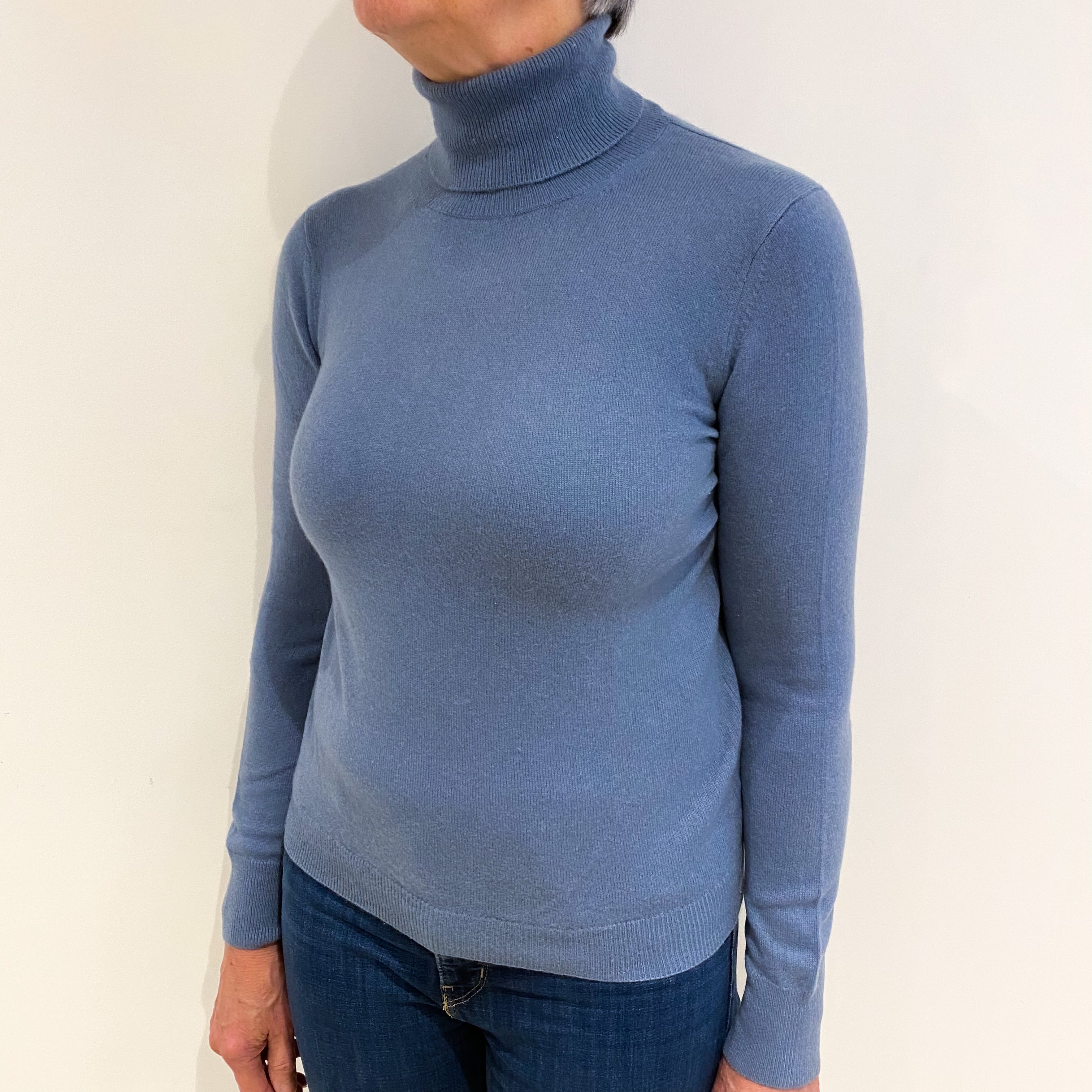Dusty Blue Cashmere Polo Neck Jumper Medium