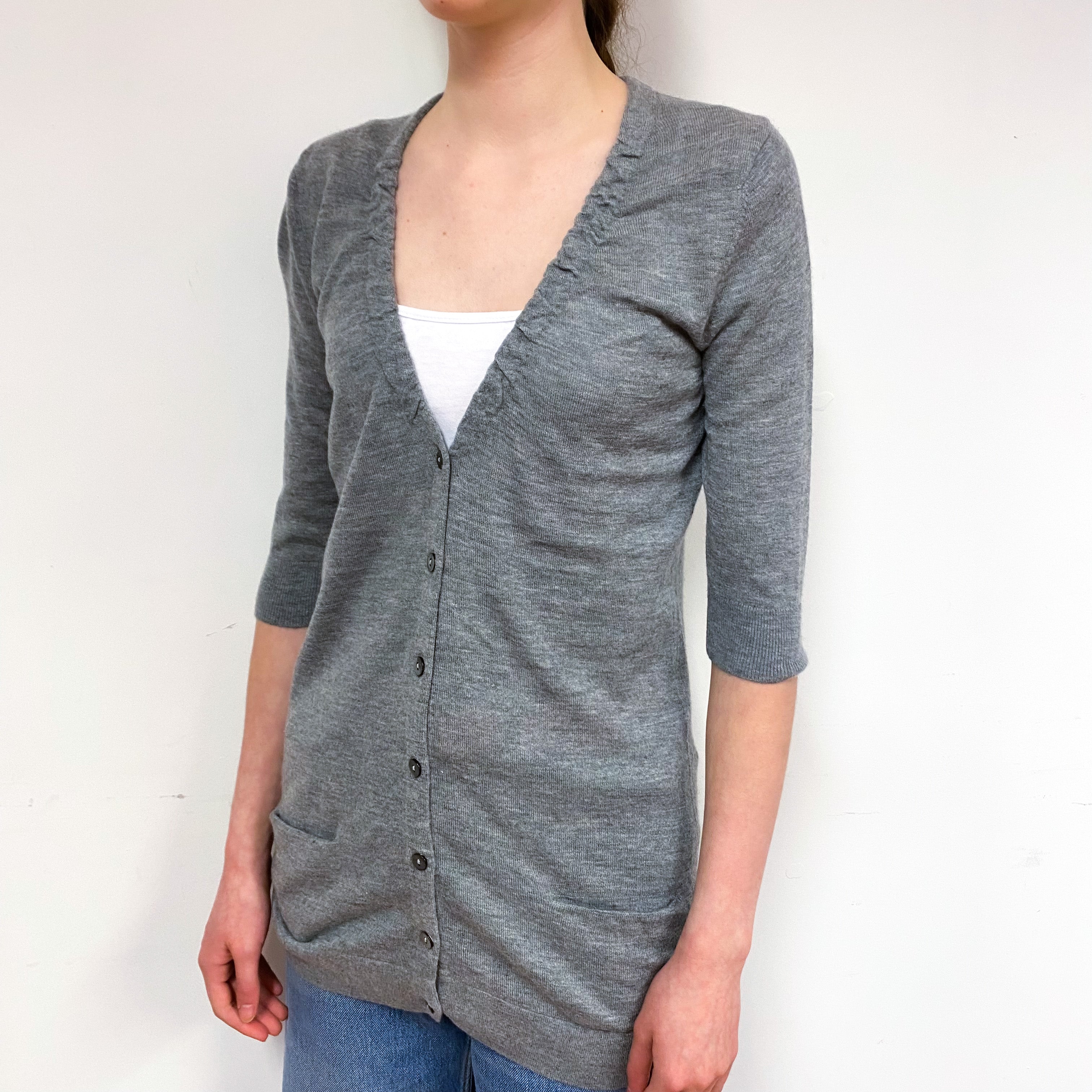 Steel Grey Cashmere Ruched V-Neck Cardigan Extra Small